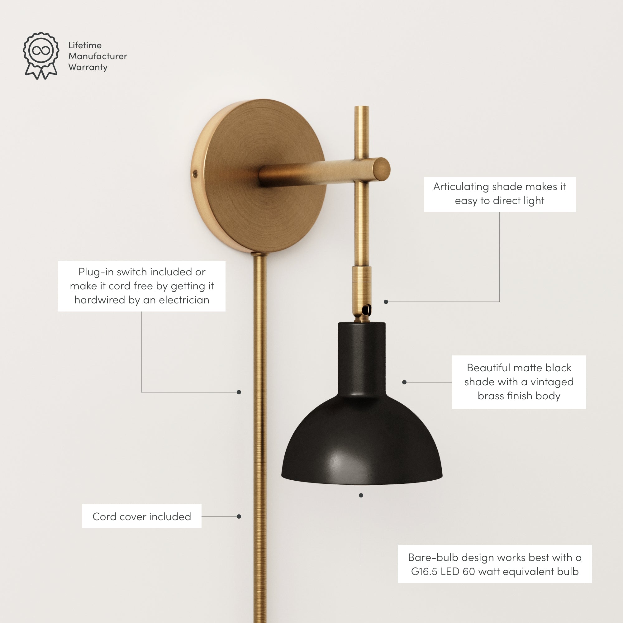 Plug-In Adjustable Metal Wall Light