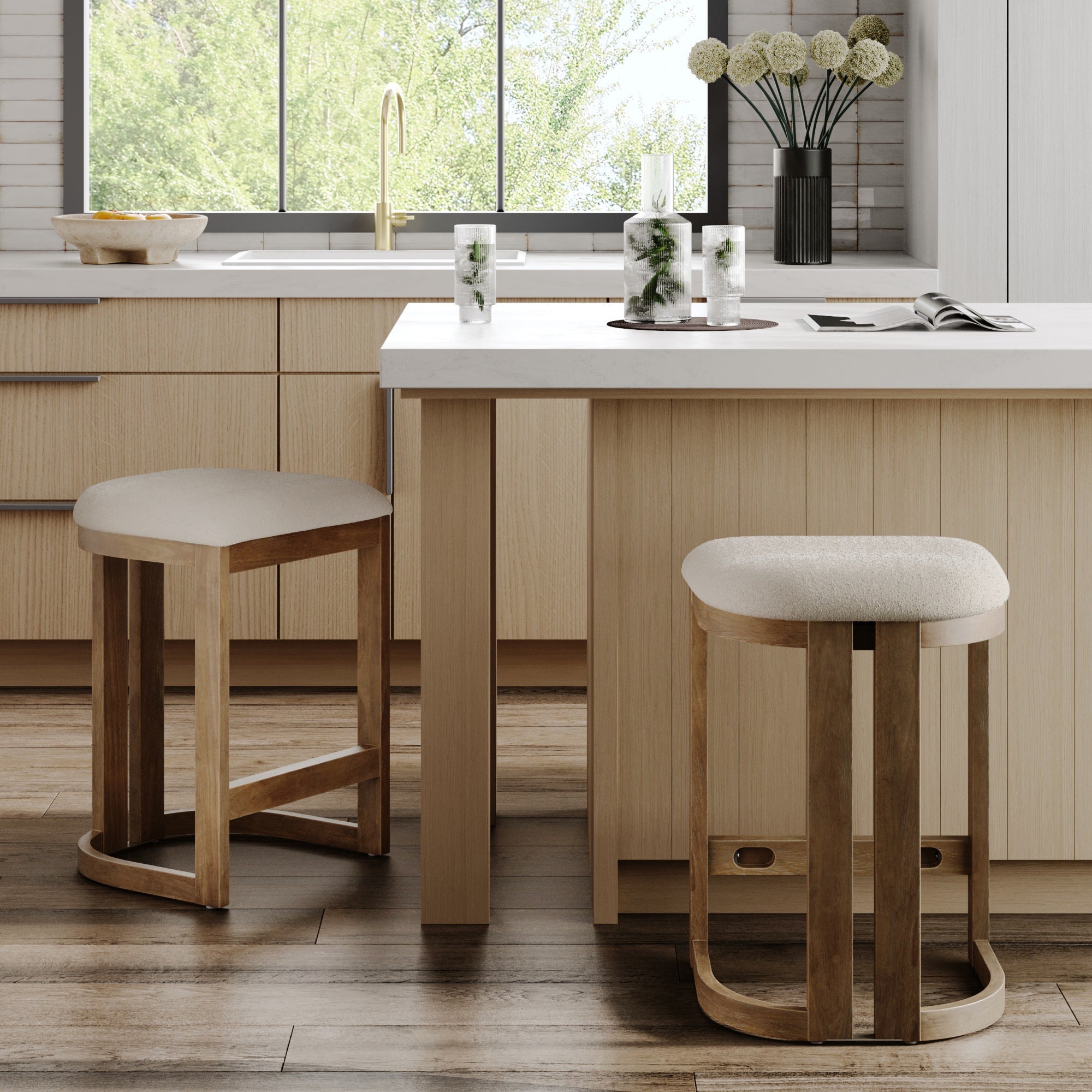 Barrel Wooden Backless Bar Stool Light Brown Set of 2