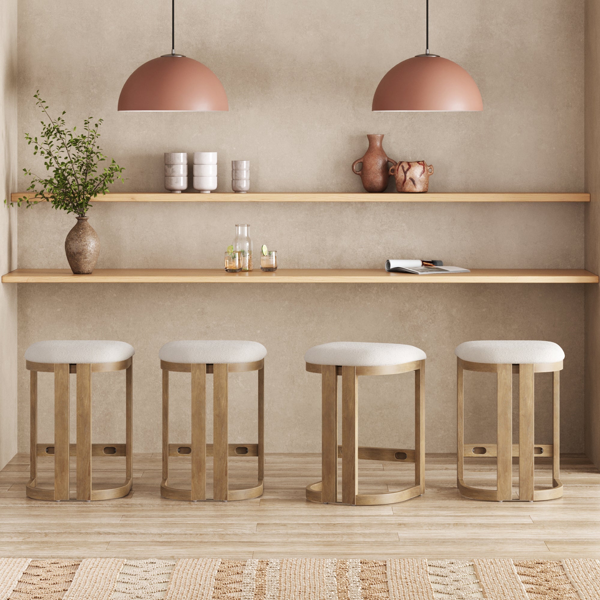 Barrel Wooden Backless Bar Stool Light Brown Set of 4