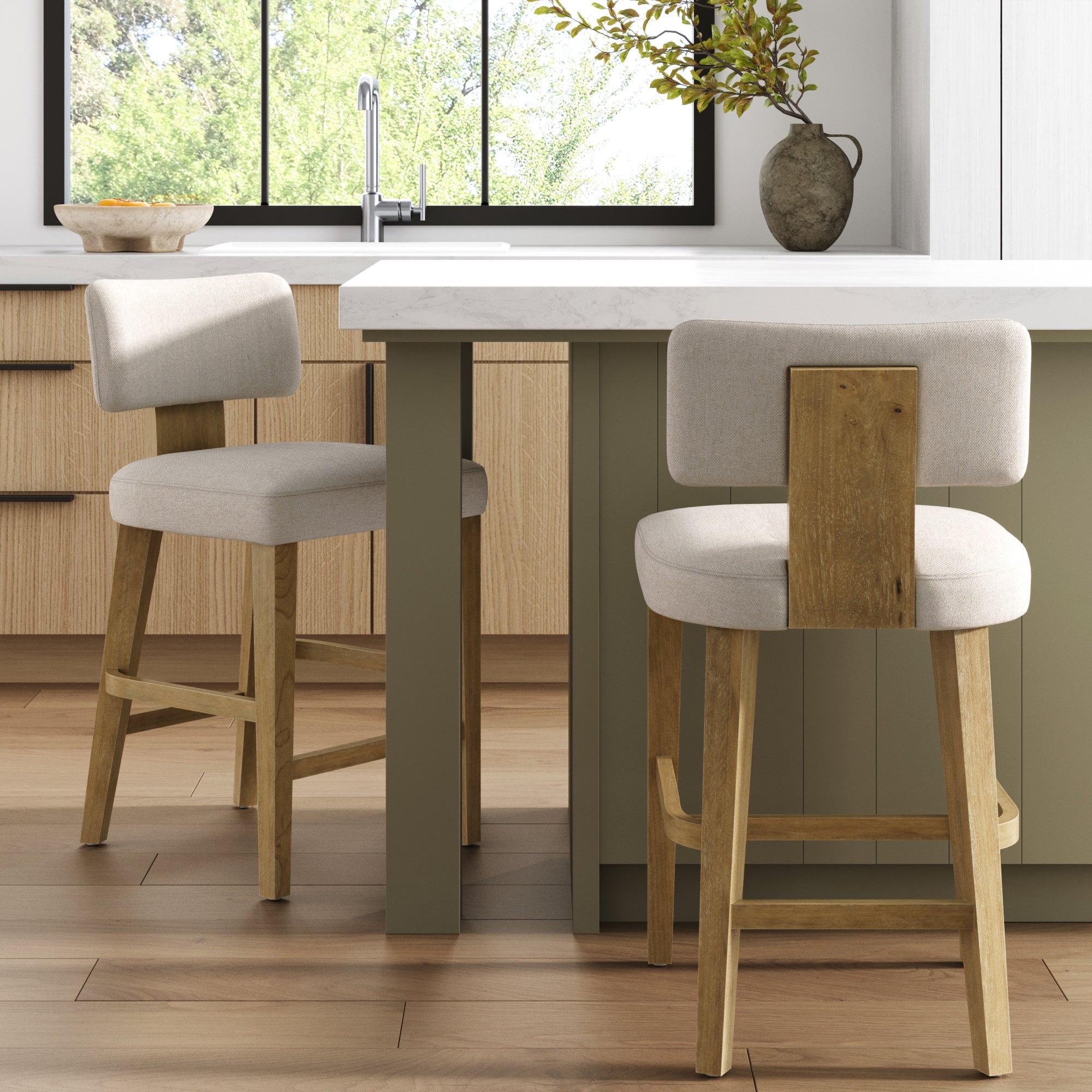 Modern Upholstered Stool with Bent Wood Back