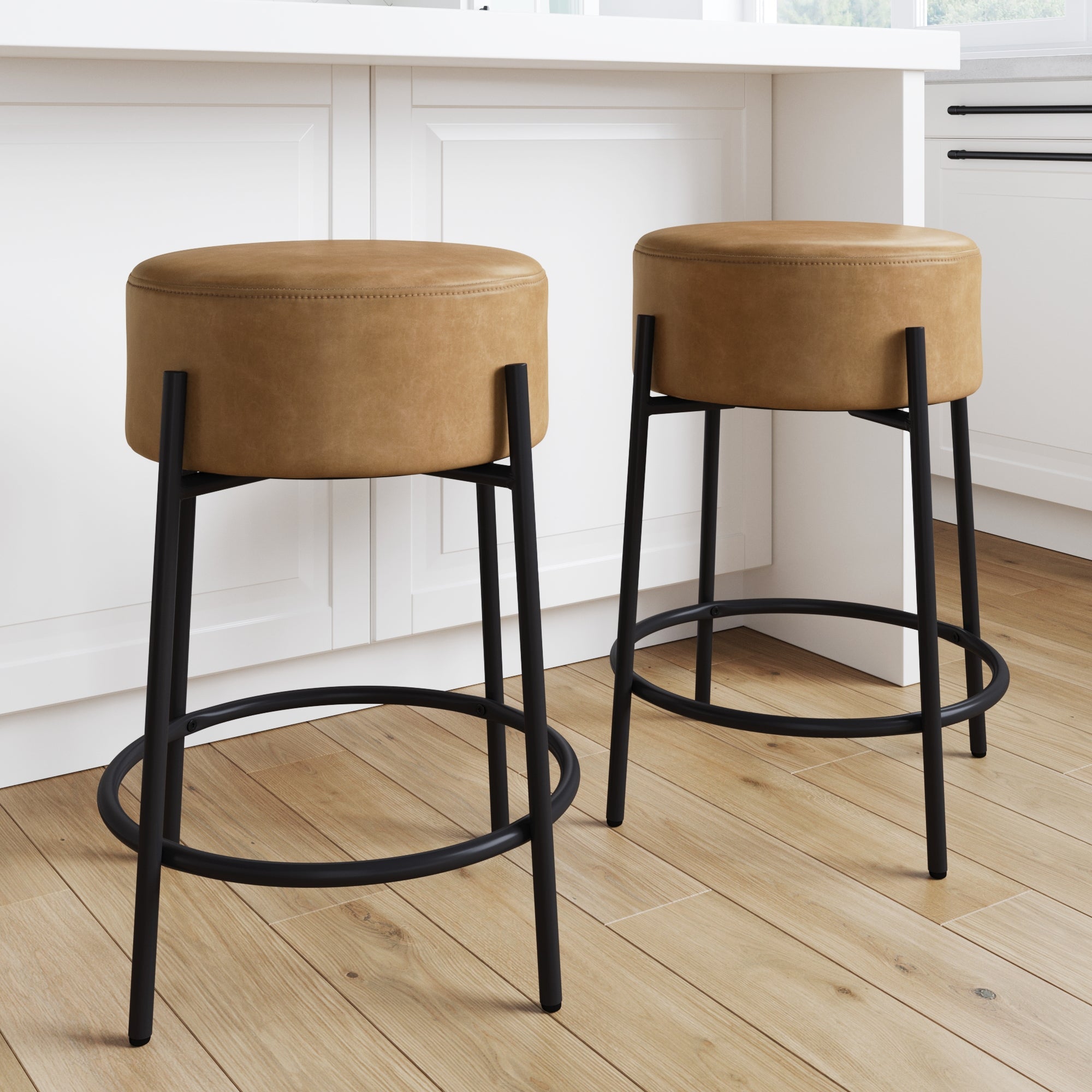 Round Faux Leather Backless Bar Stool