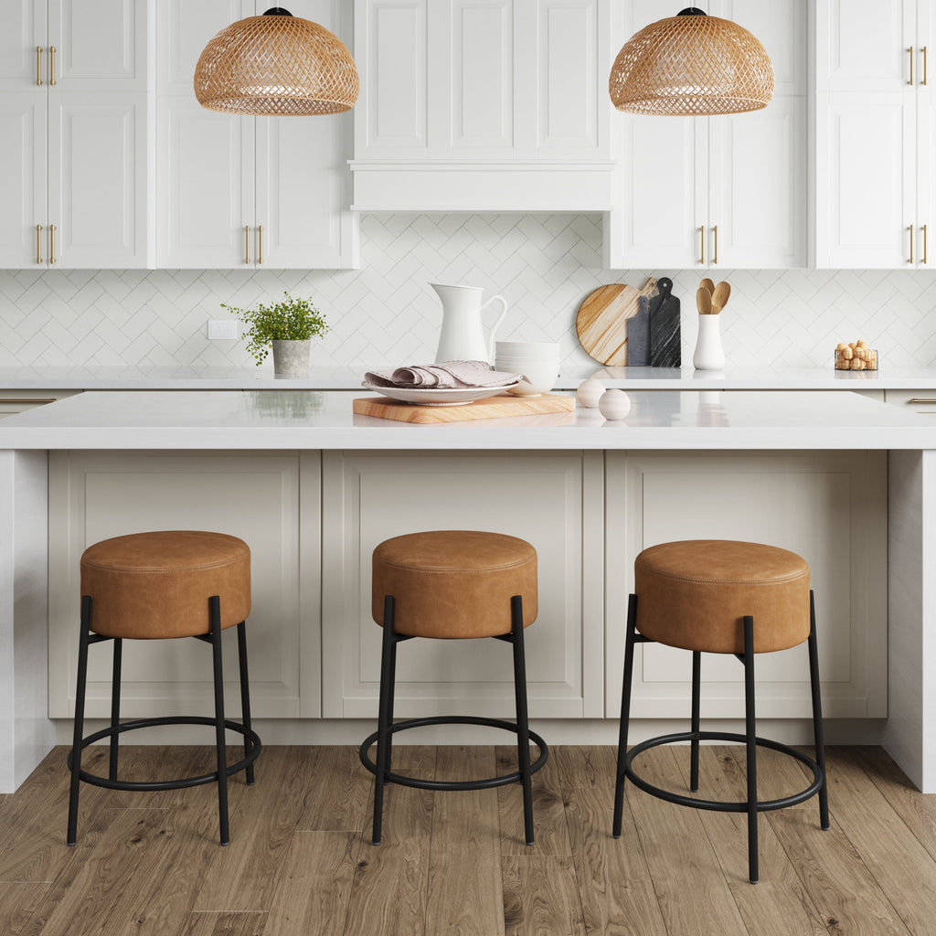 Round Faux Leather Backless Bar Stool