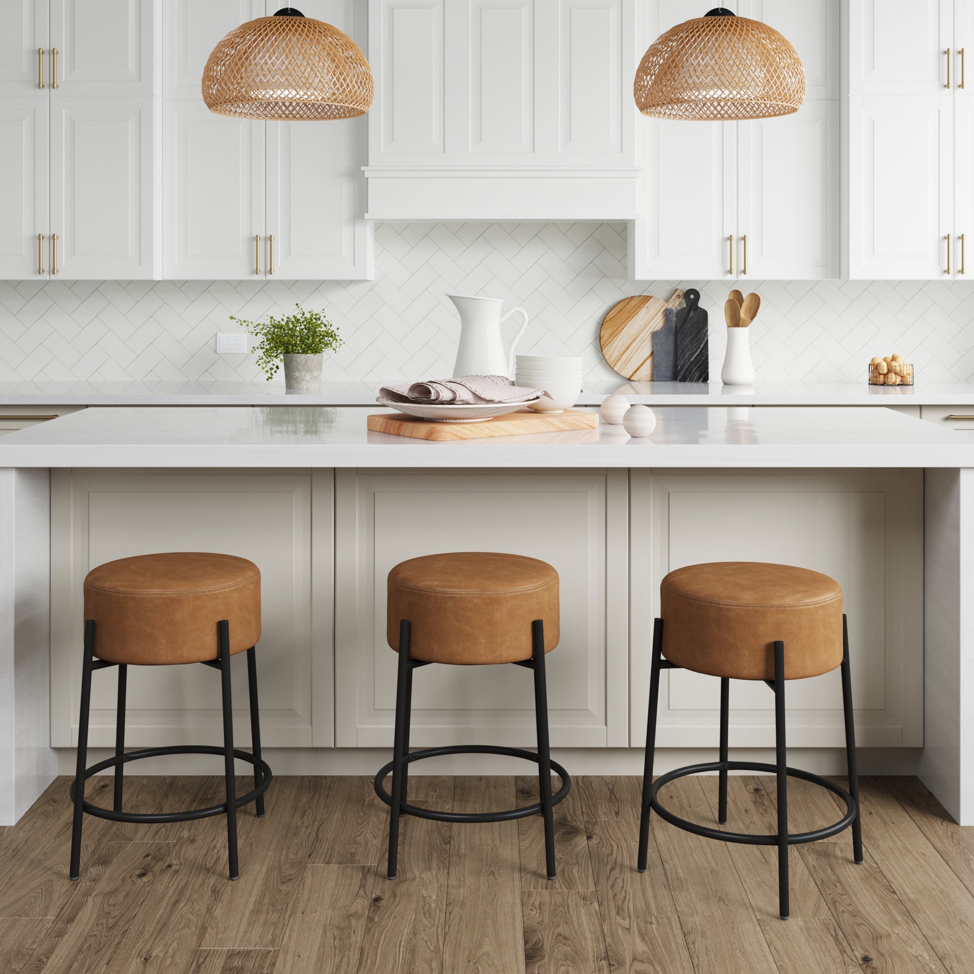 Round Faux Leather Backless Bar Stool