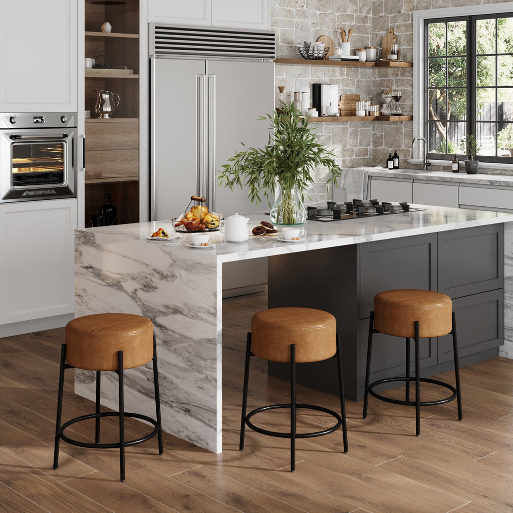 Round Faux Leather Backless Bar Stool