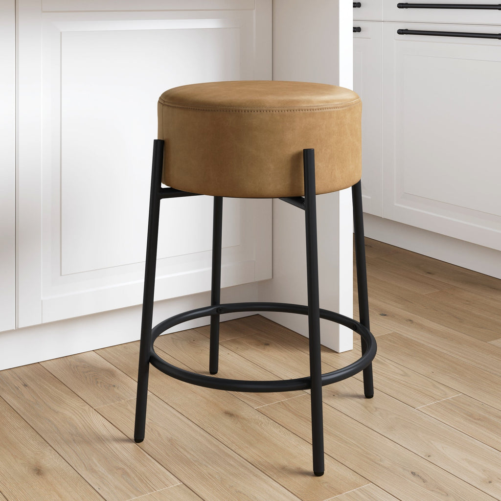 Round Faux Leather Backless Bar Stool