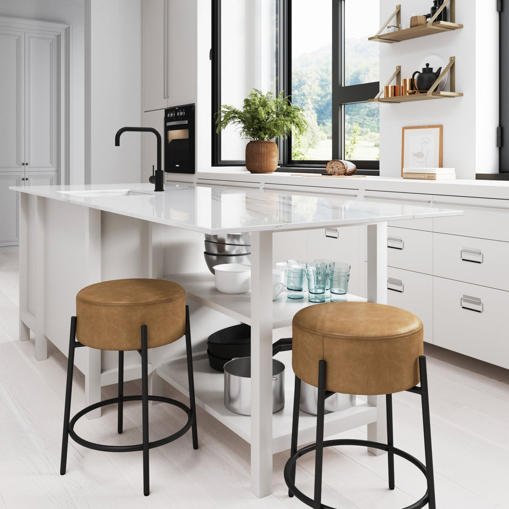 Round Faux Leather Backless Bar Stool