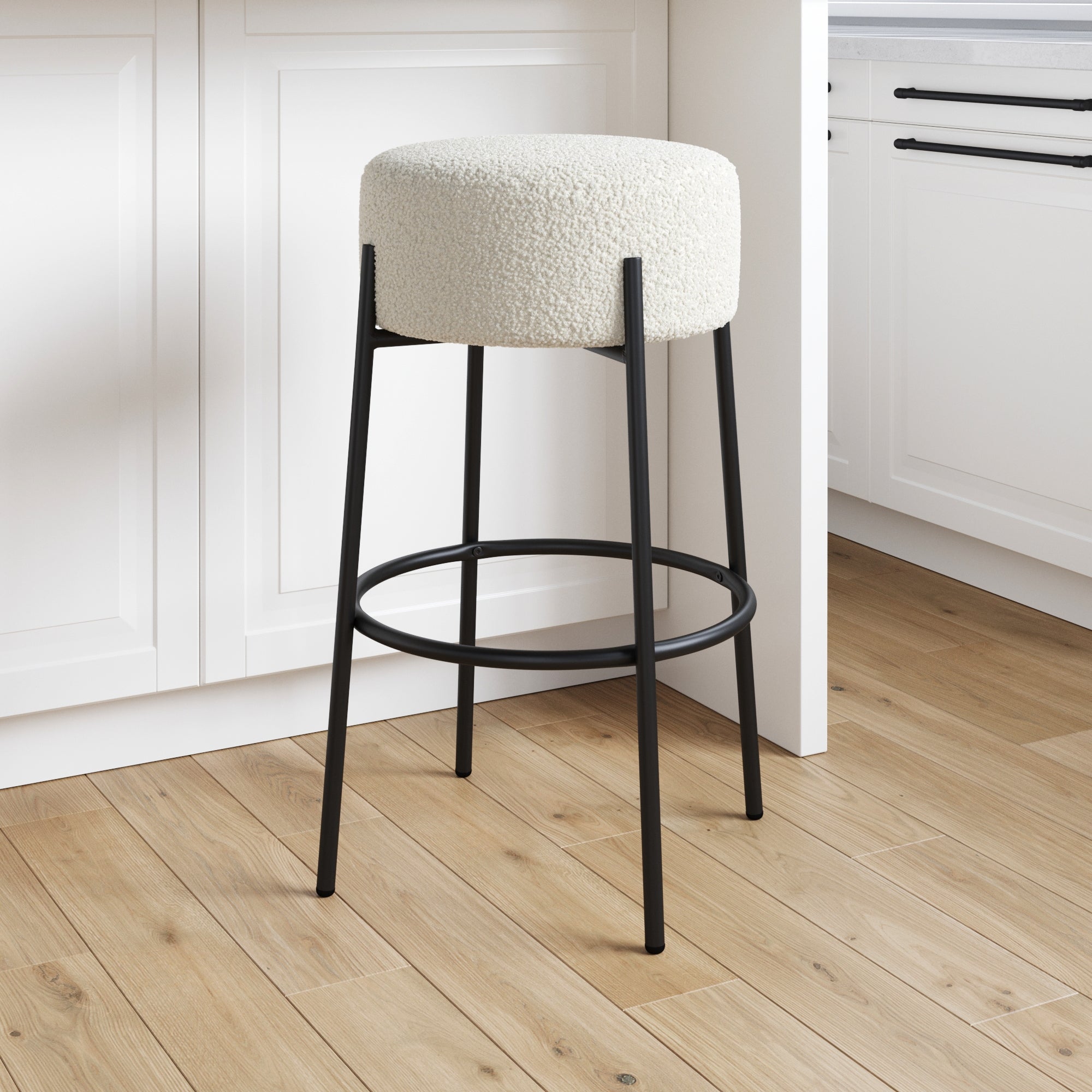 Round White Boucle Backless Stool