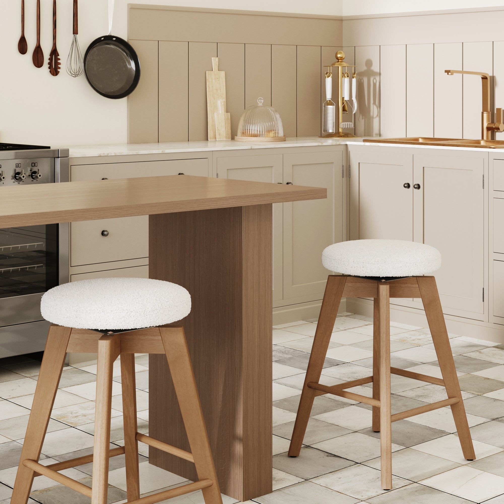 Wood Boucle Swivel Counter Stool