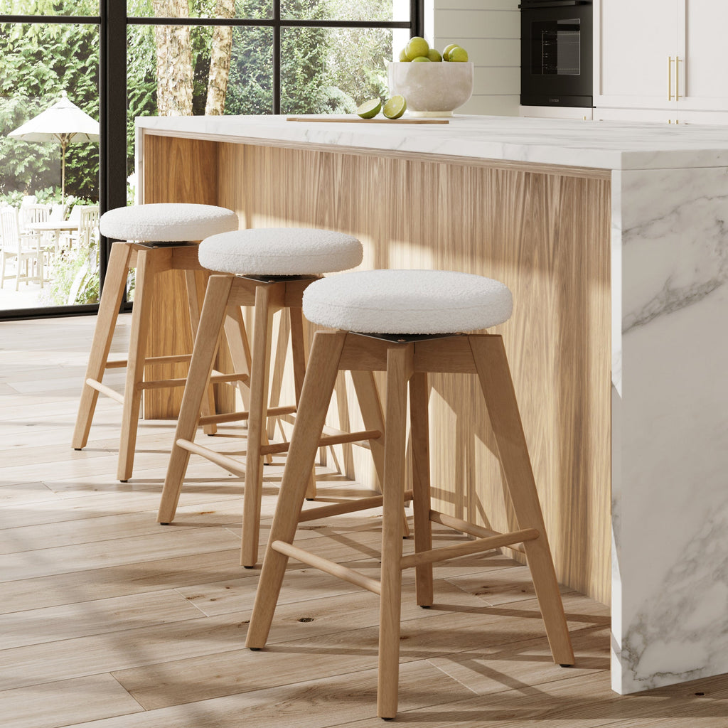 Wood Boucle Swivel Counter Stool
