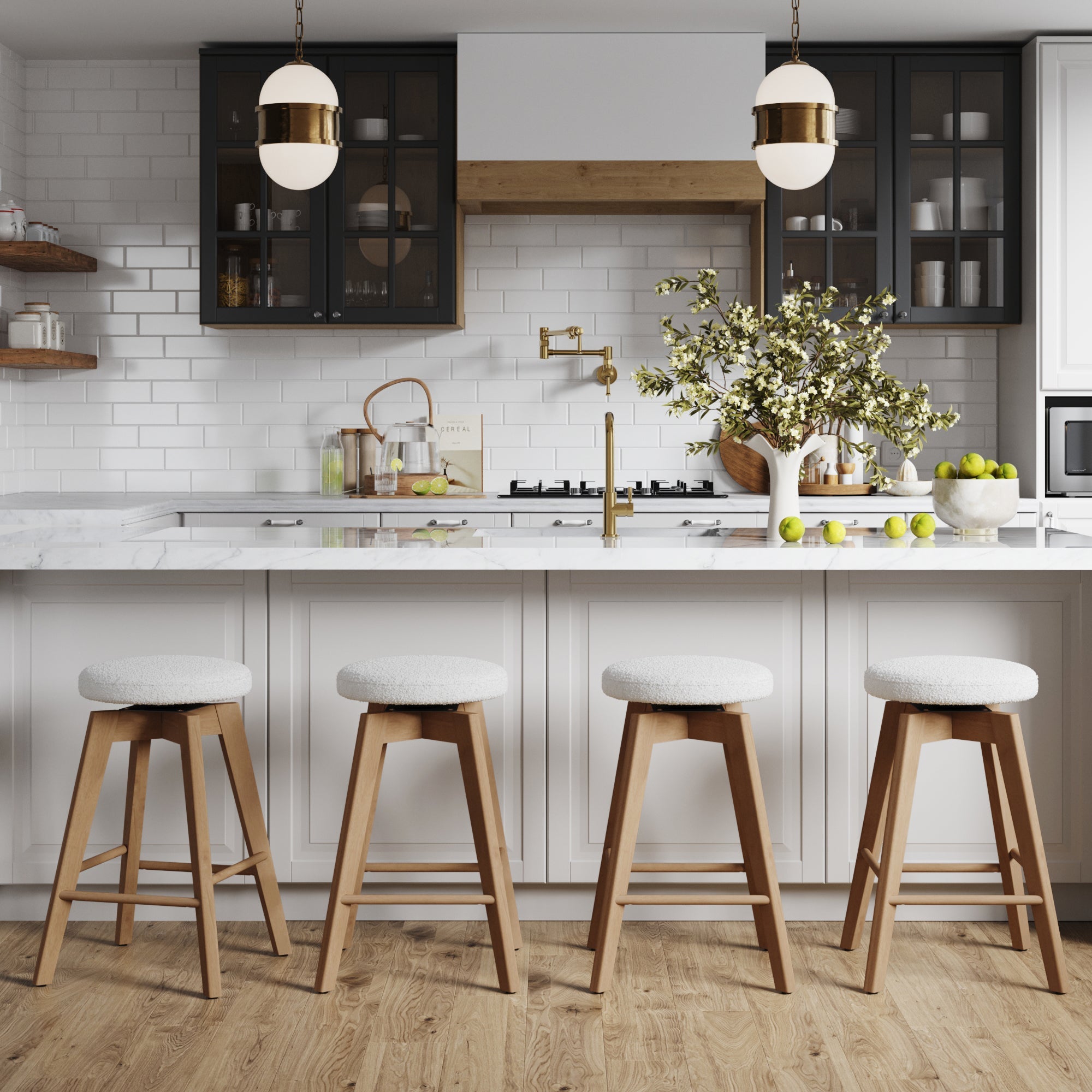 Wood Boucle Swivel Counter Stool
