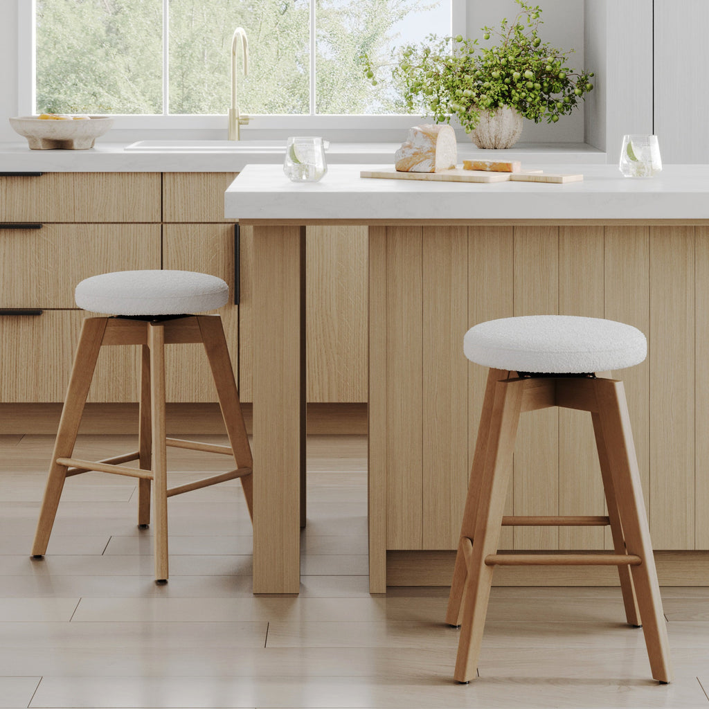 Wood Boucle Swivel Counter Stool