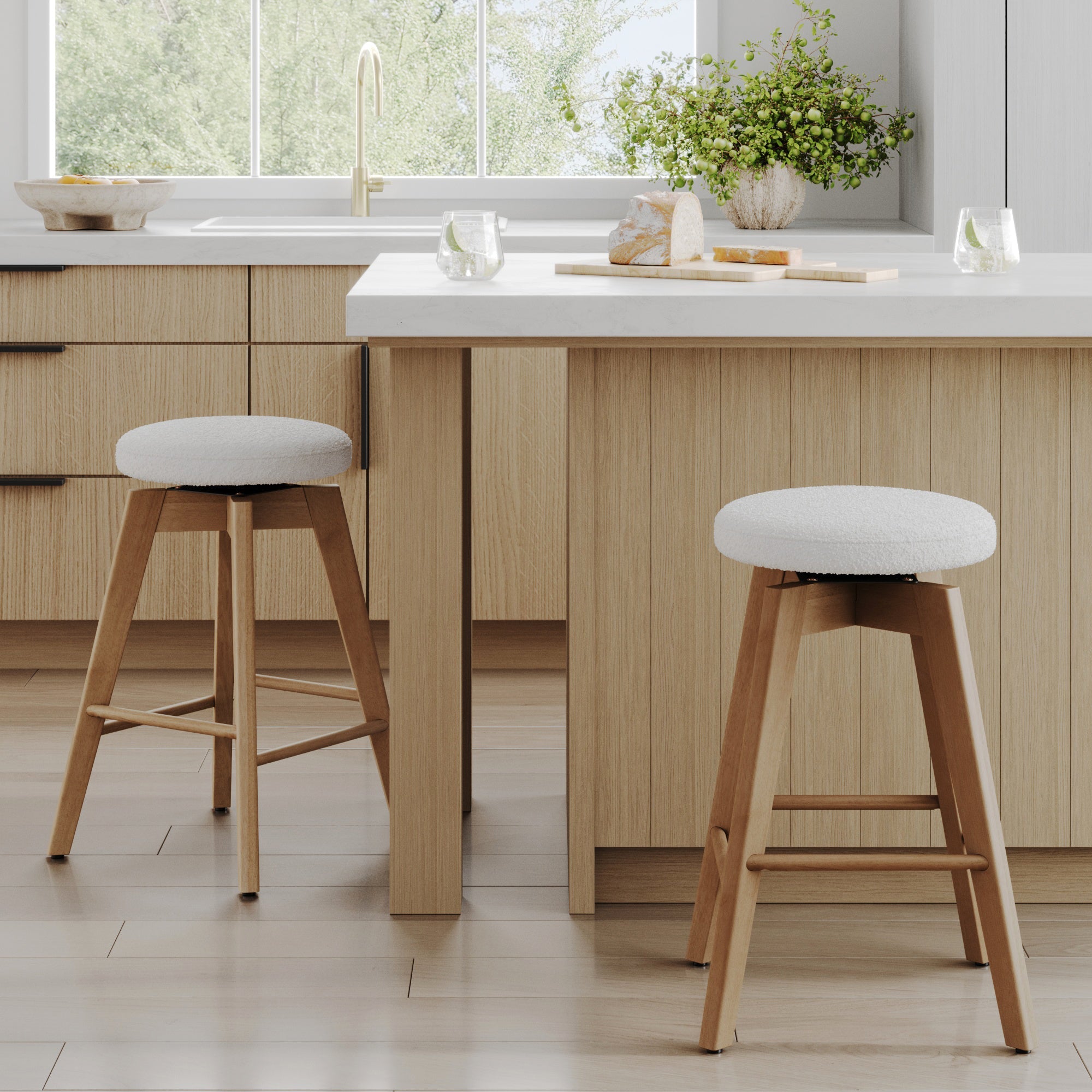 Wood Boucle Swivel Counter Stool