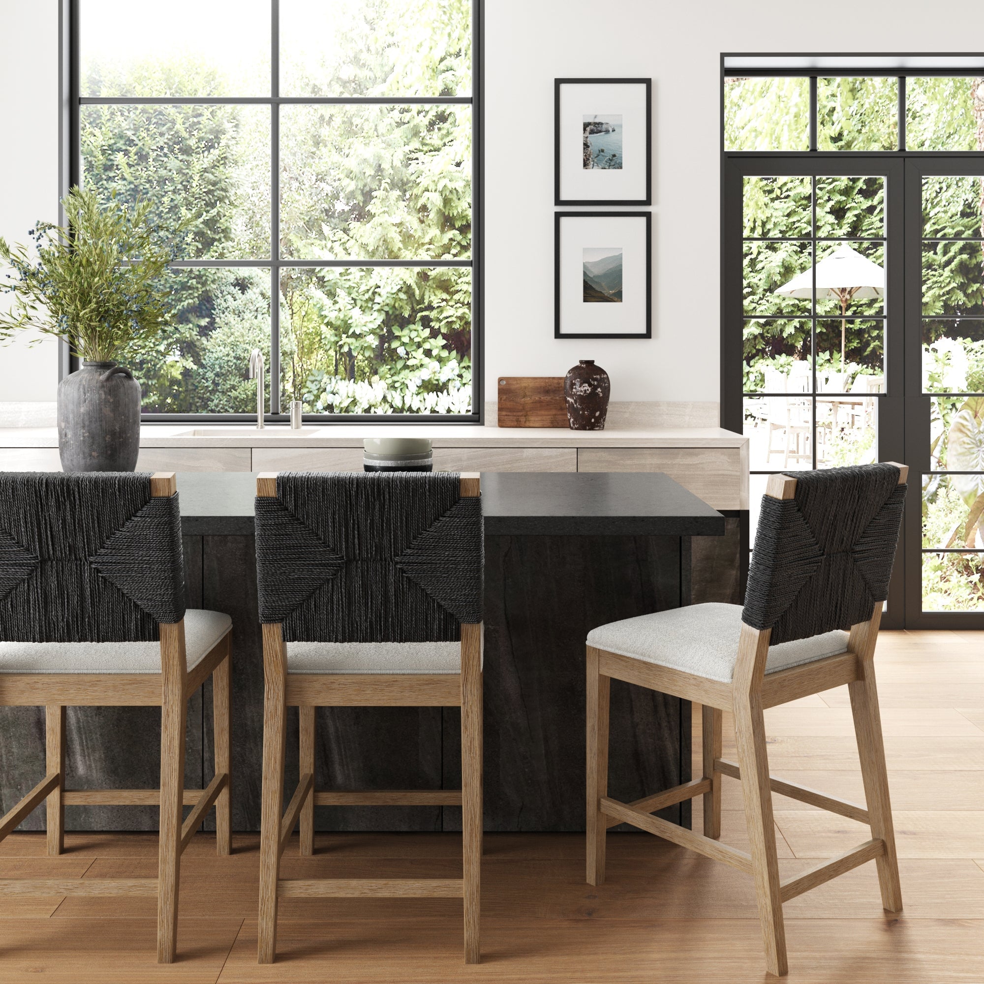 Boucle & Seagrass Boho Bar Stool