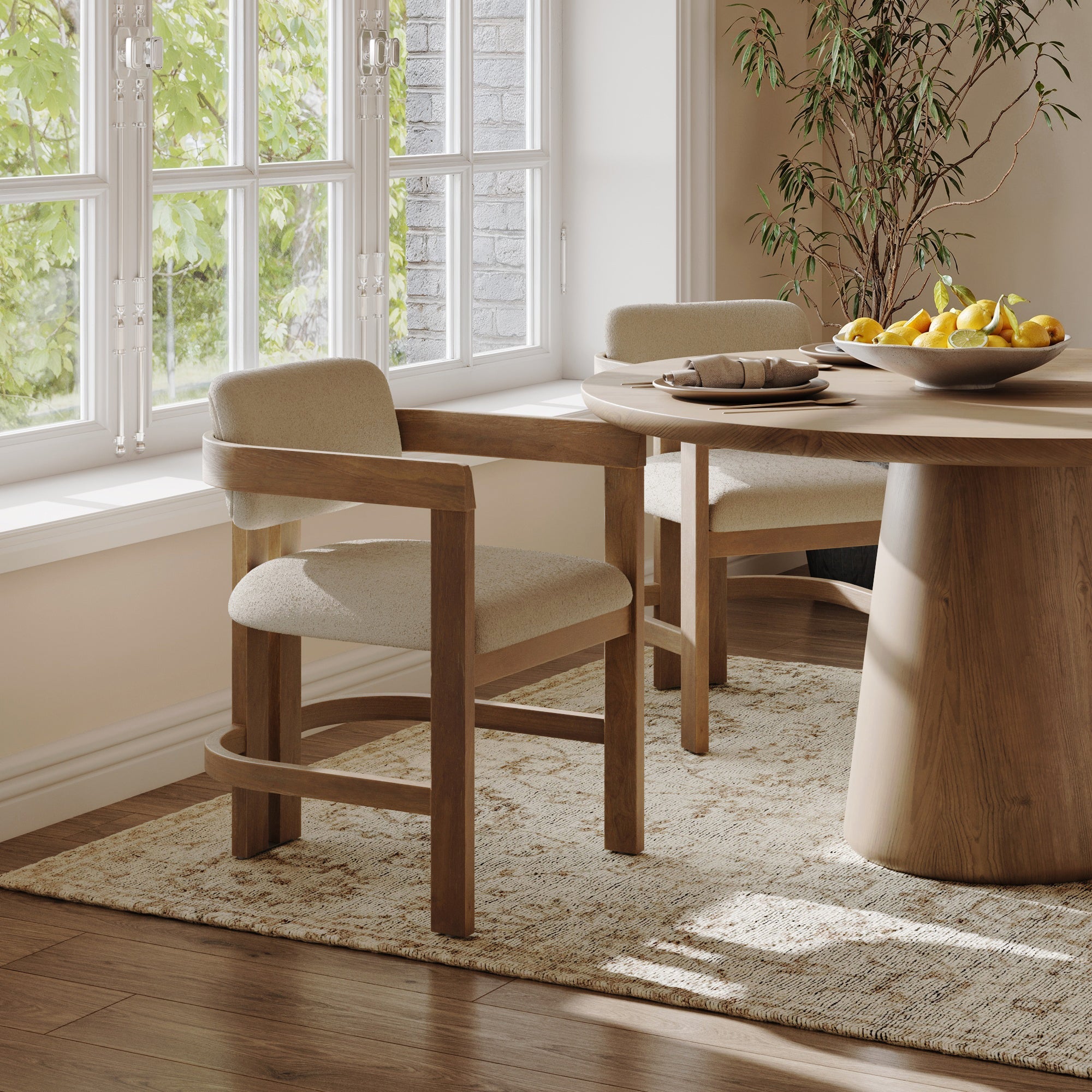 Boucle Dining Chair w/ Curved Back and Arm