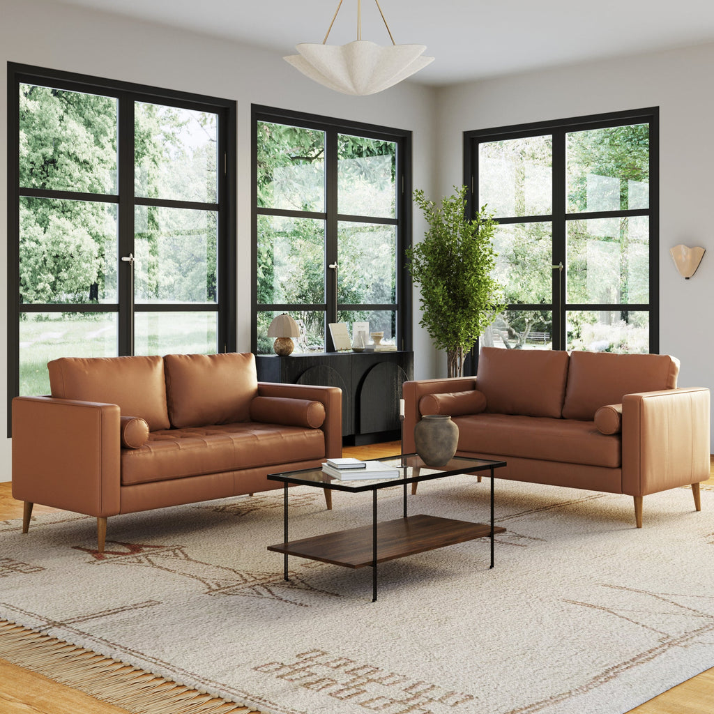 Mid-Century Tufted Leather Loveseat Sofa with Bench Seat Camel