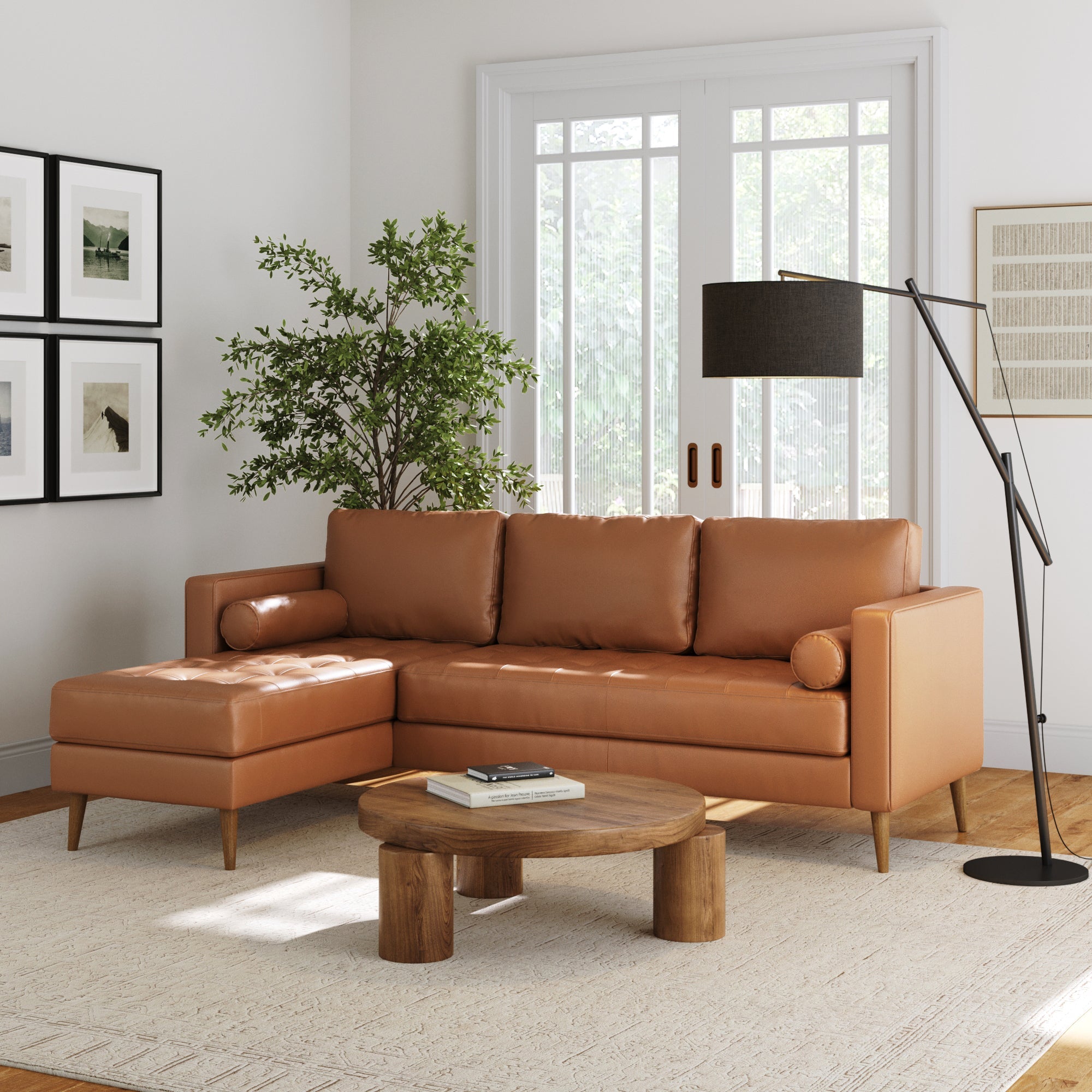 Mid-Century Tufted Leather Sofa Standard Arm Camel (Modular Sofa Part)