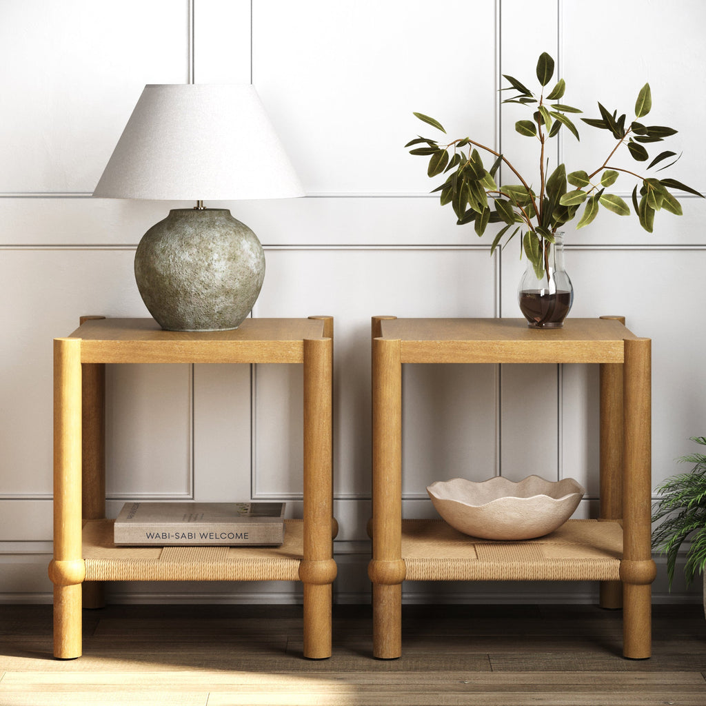 Wood 2-Tier Coastal Side Table with Seagrass Shelf Light Brown Set of 2