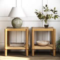 Wood 2-Tier Coastal Side Table with Seagrass Shelf Light Brown Set of 2