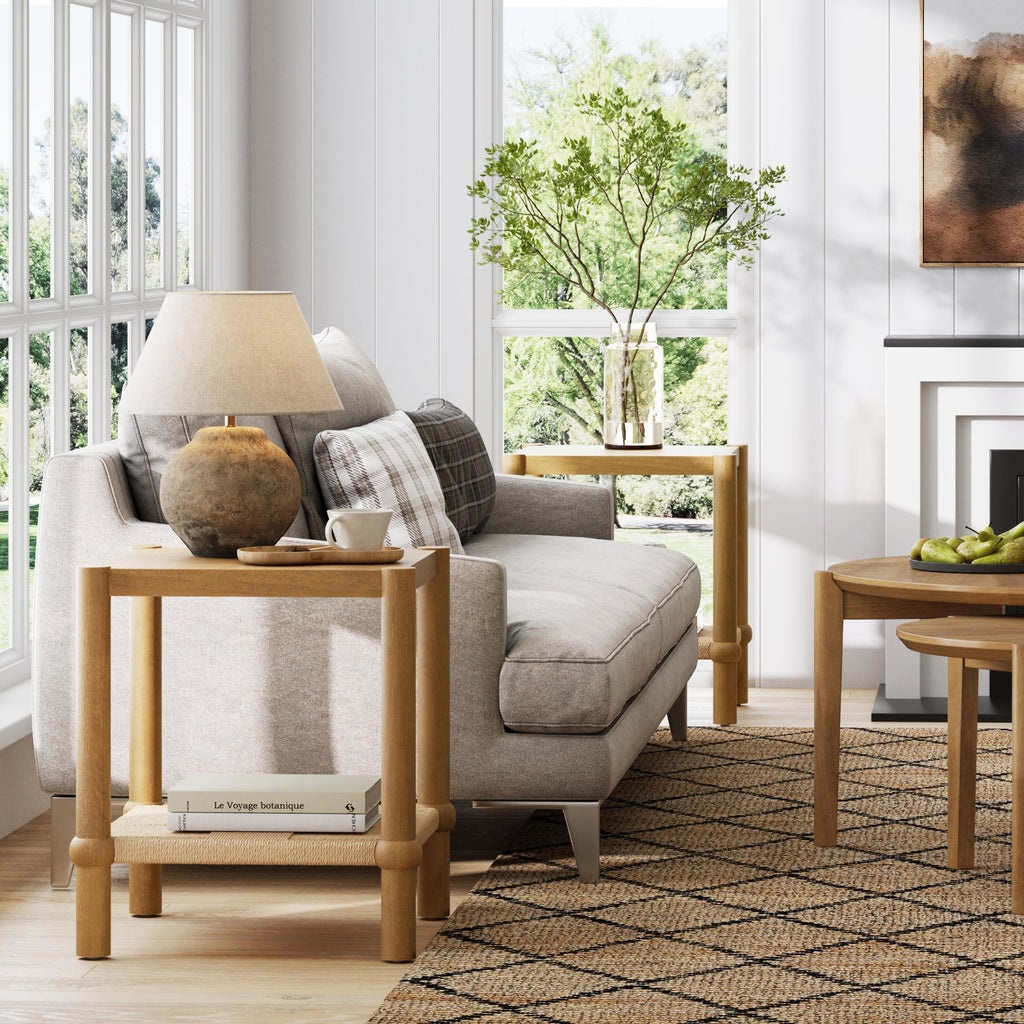 Wood 2-Tier Coastal Side Table with Seagrass Shelf Light Brown Set of 2