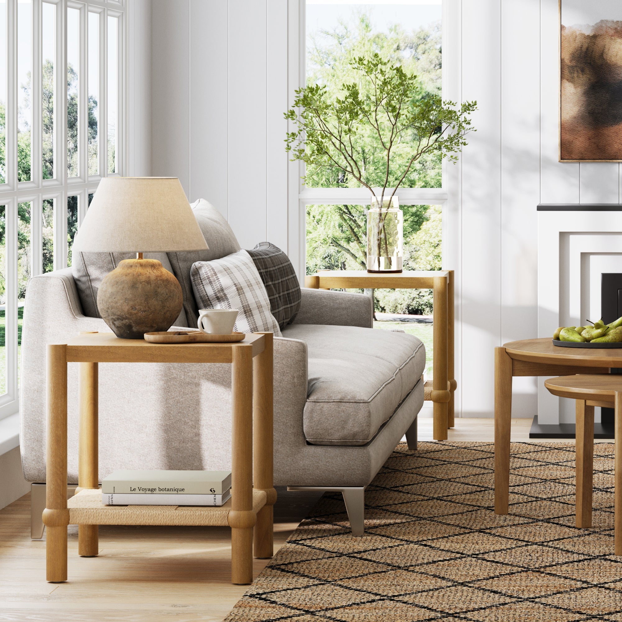 Wood 2-Tier Coastal Side Table with Seagrass Shelf Light Brown Set of 2