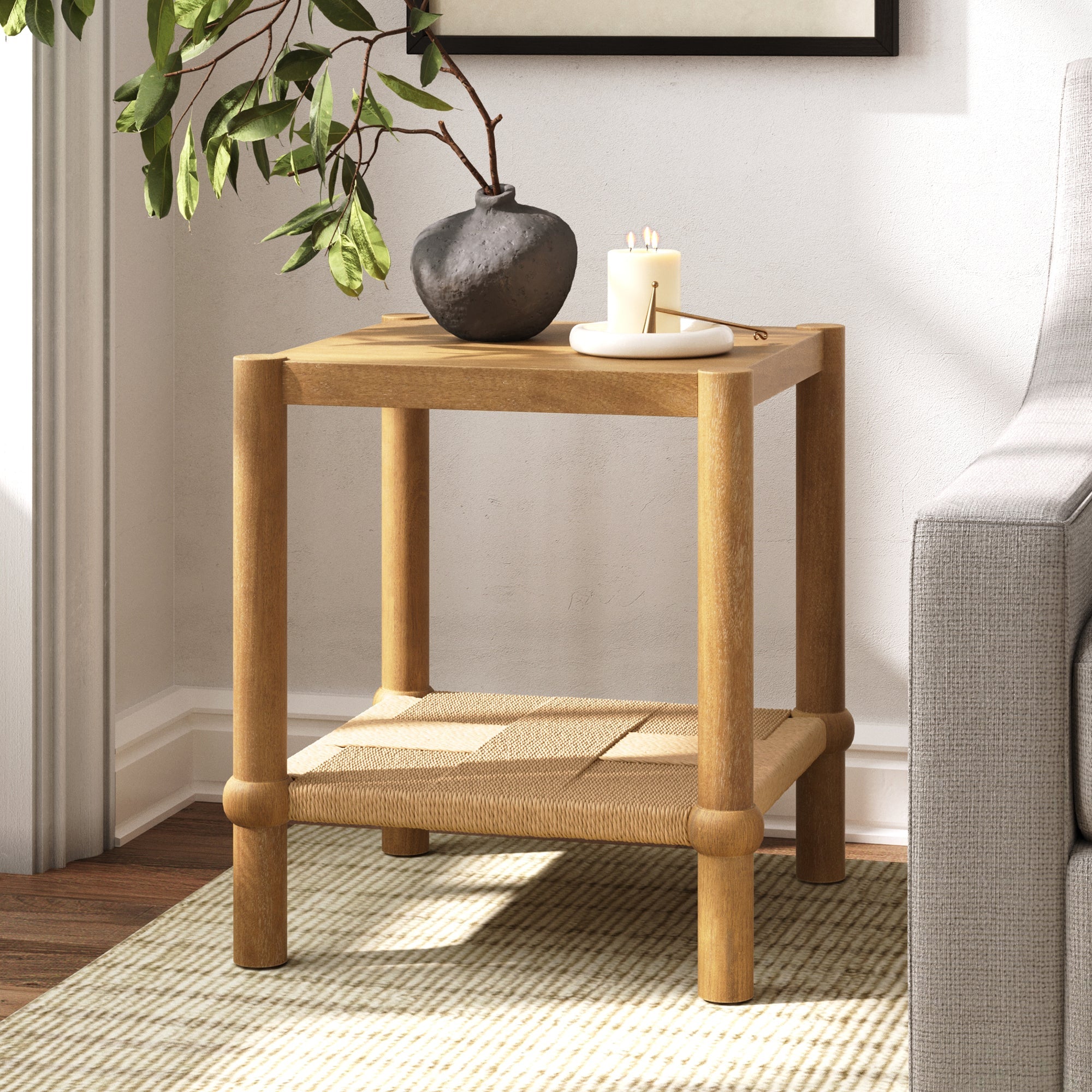 Wood 2-Tier Coastal Side Table with Seagrass Shelf