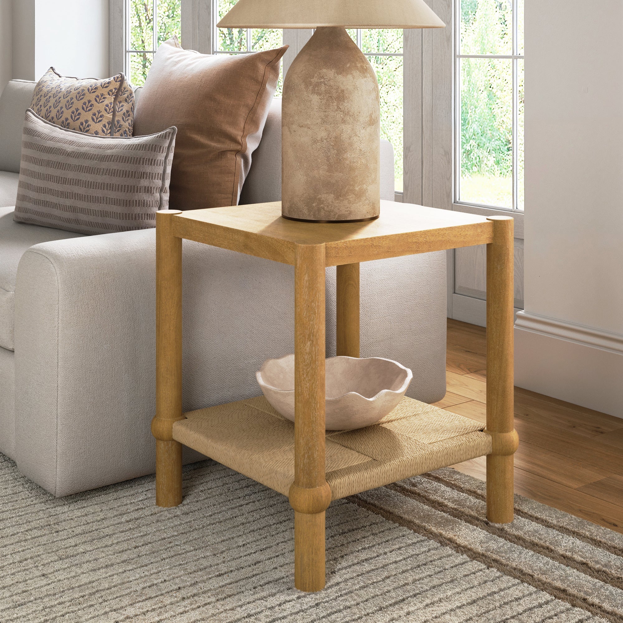 Wood 2-Tier Coastal Side Table with Seagrass Shelf