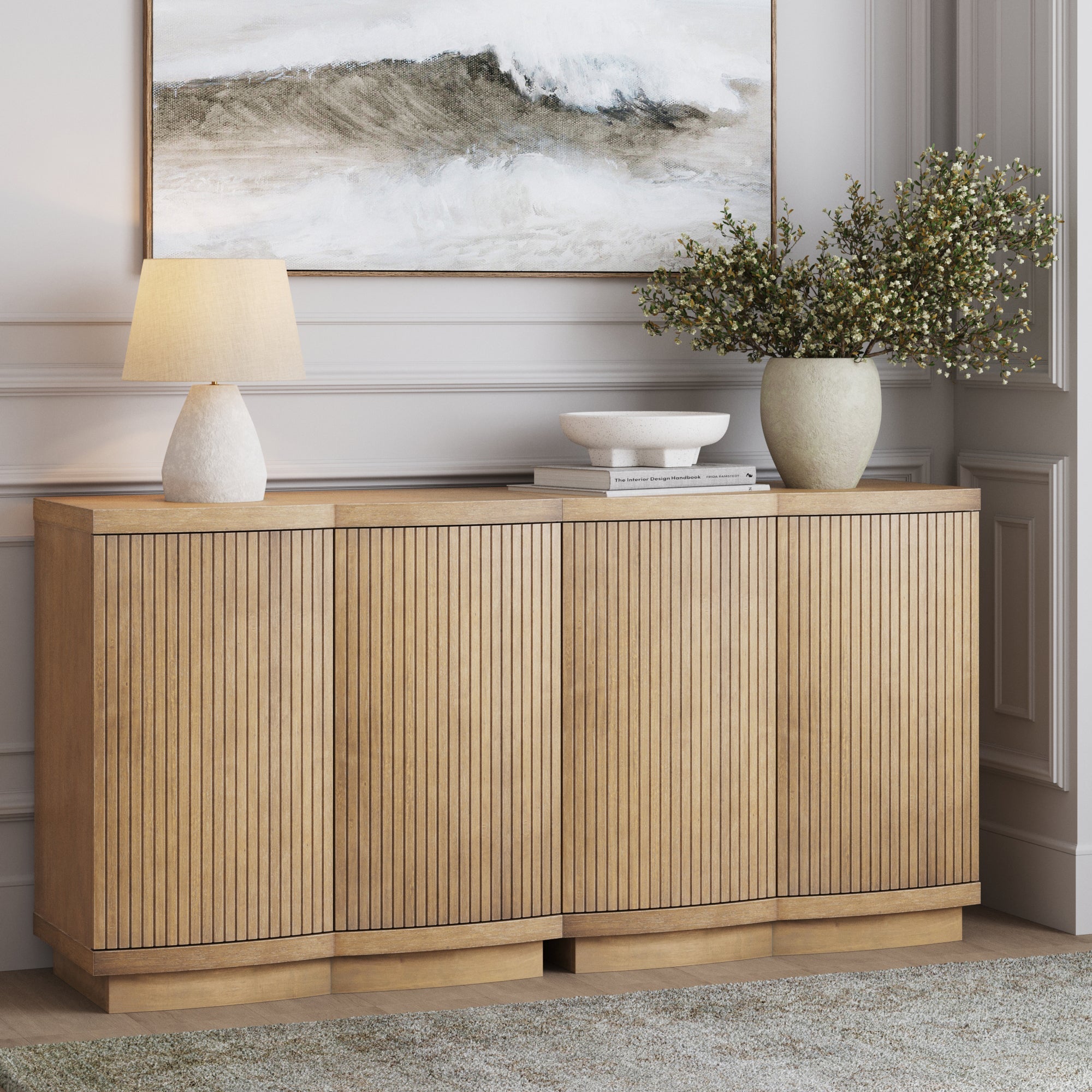 Mid-Century Modern Wood Fluted Cabinet Credenza