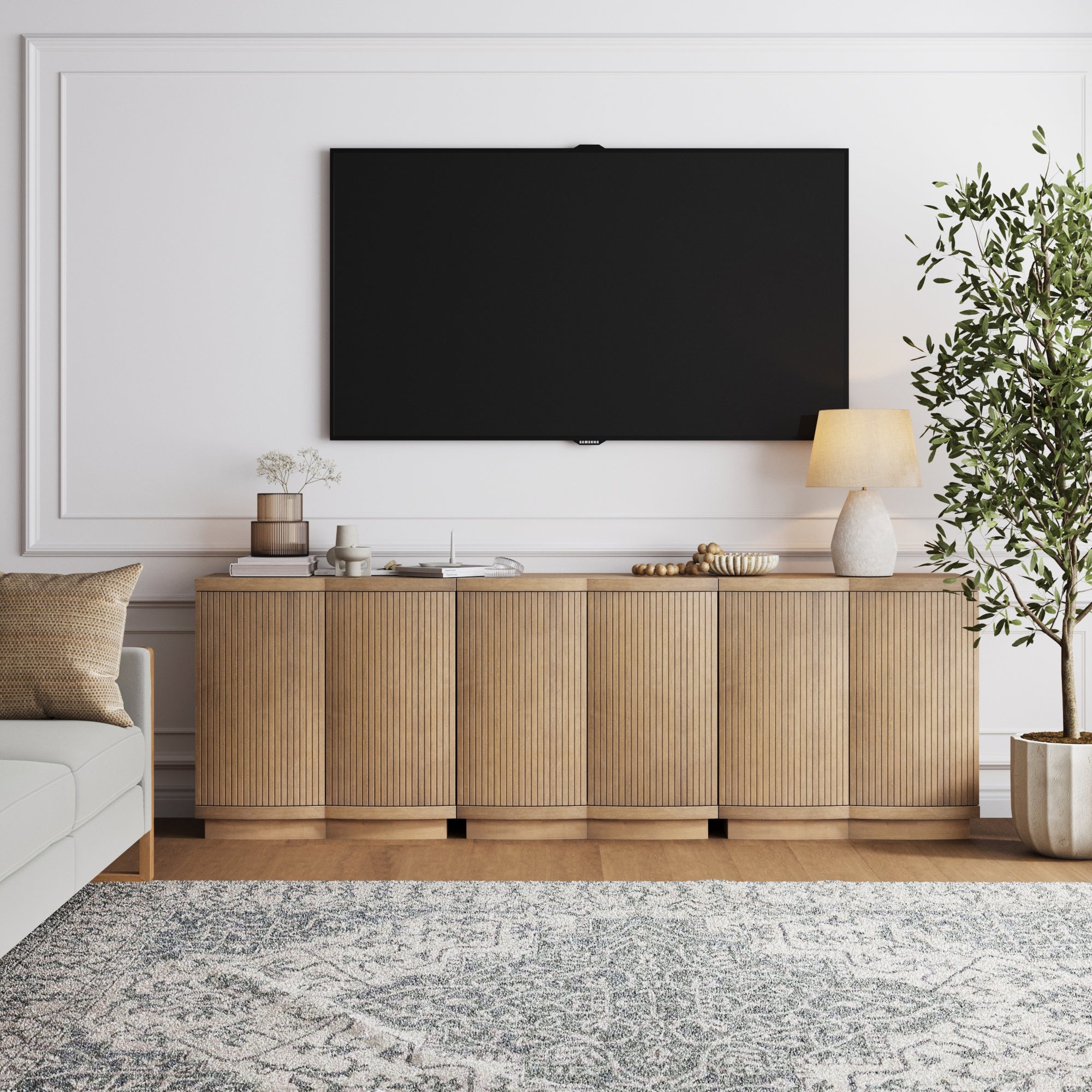 Mid-Century Modern Wood Fluted Cabinet Credenza
