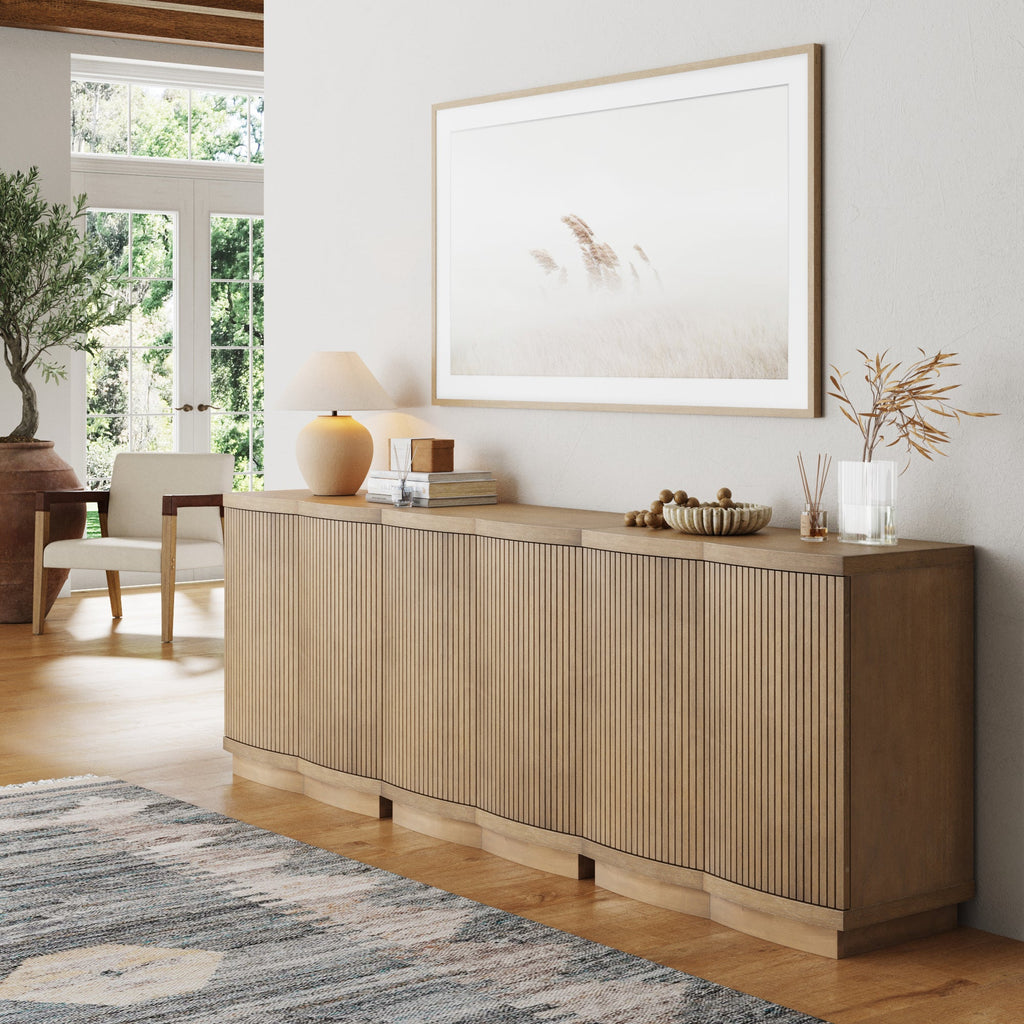 Mid-Century Modern Wood Fluted Cabinet Credenza