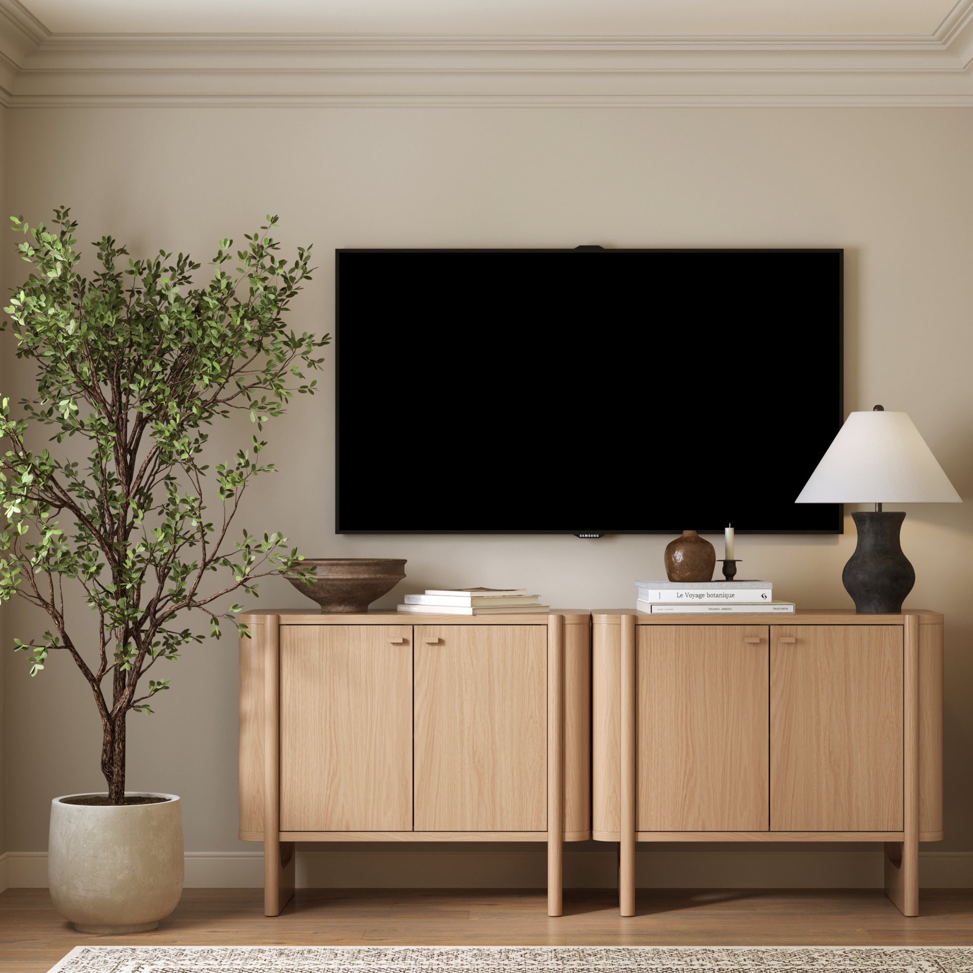Mid-Century Wood TV Console Raw Oak for TVs up to 65"