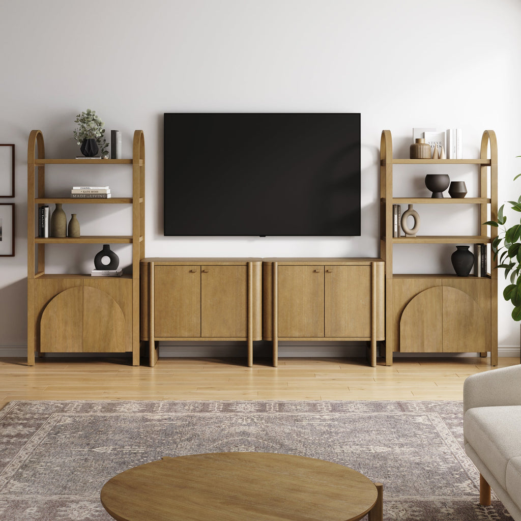 Wooden Arched Entertainment Center with Storage and Bookcase for 65" TVs