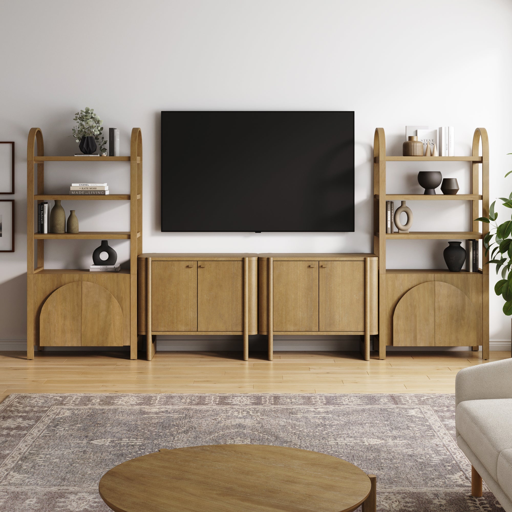 Wooden Arched Entertainment Center with Storage and Bookcase for 65" TVs