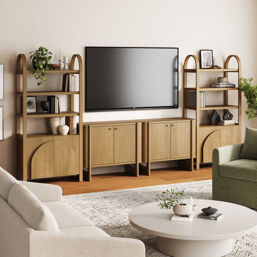 Wooden Arched Entertainment Center with Storage and Bookcase for 65" TVs