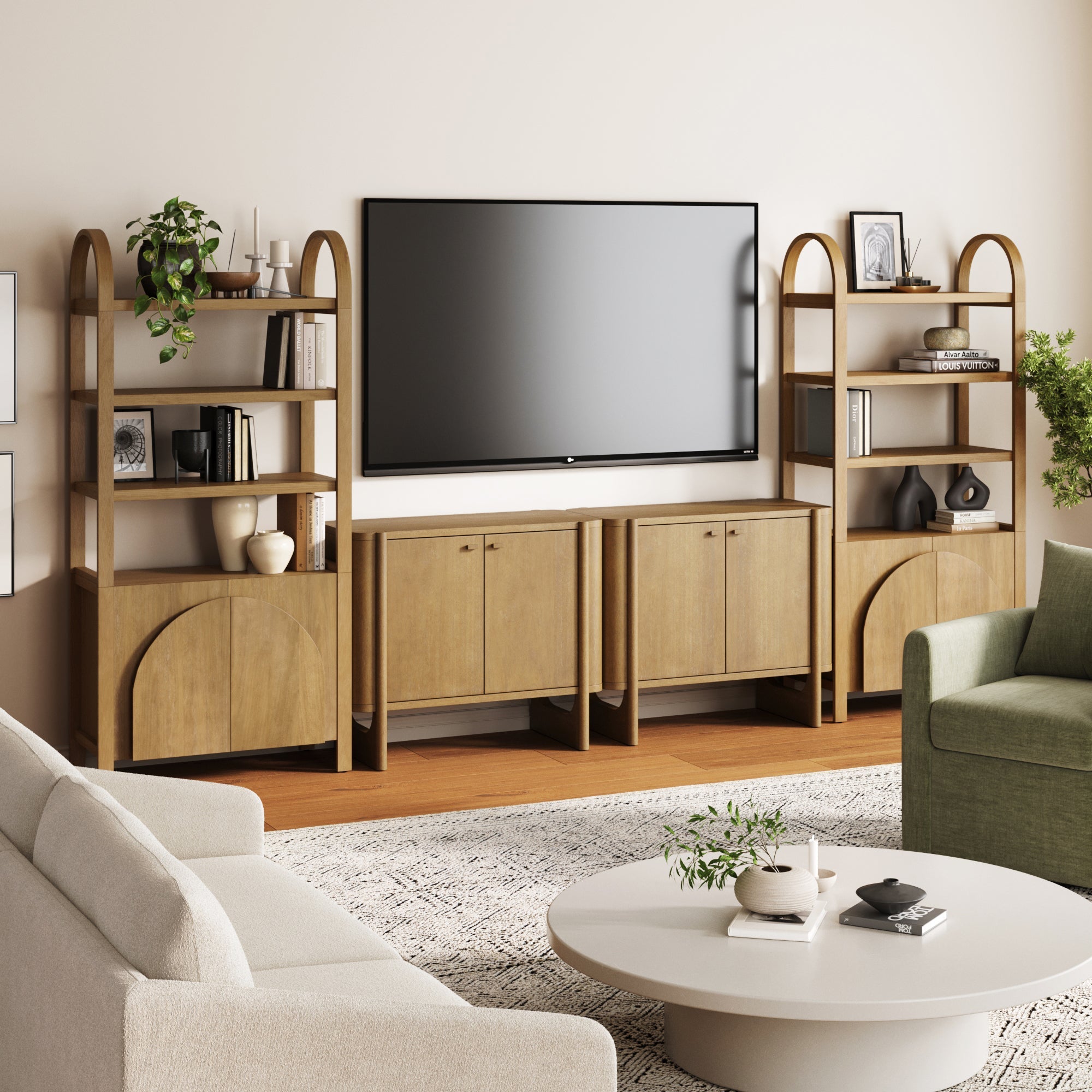 Wooden Arched Entertainment Center with Storage and Bookcase for 65" TVs