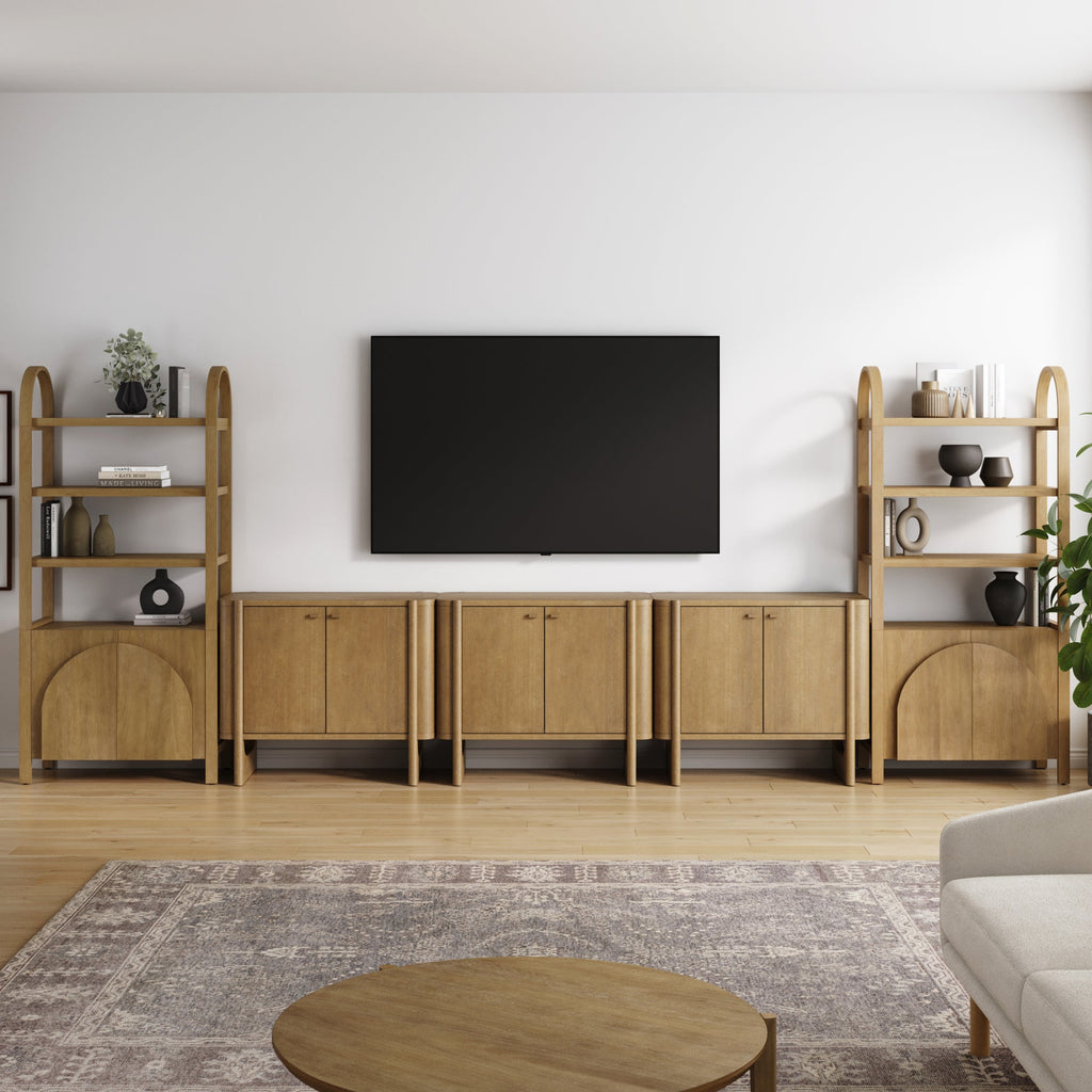 Wooden Arched Entertainment Center with Storage and Bookcase for 75" TVs