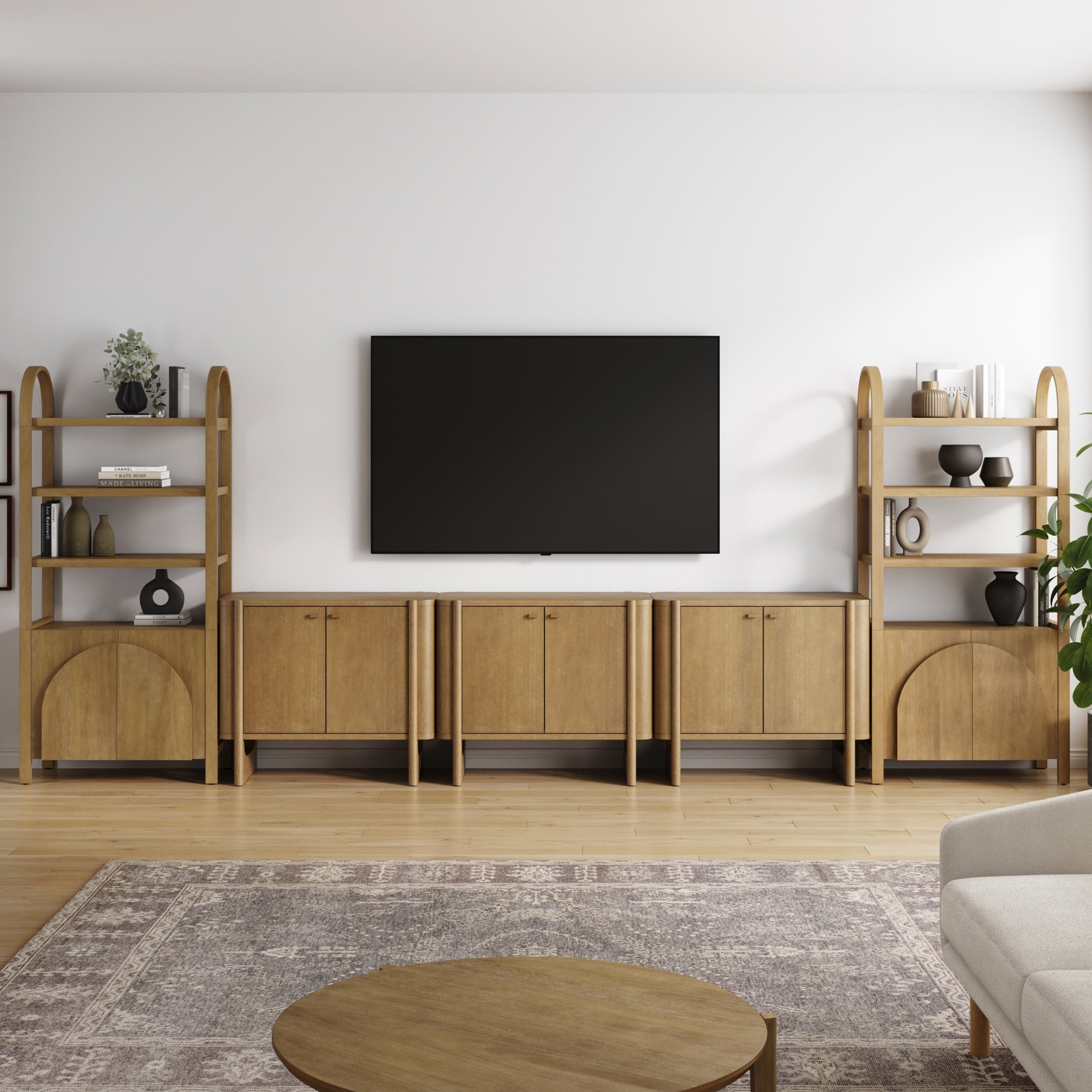 Wooden Arched Entertainment Center with Storage and Bookcase for 75" TVs