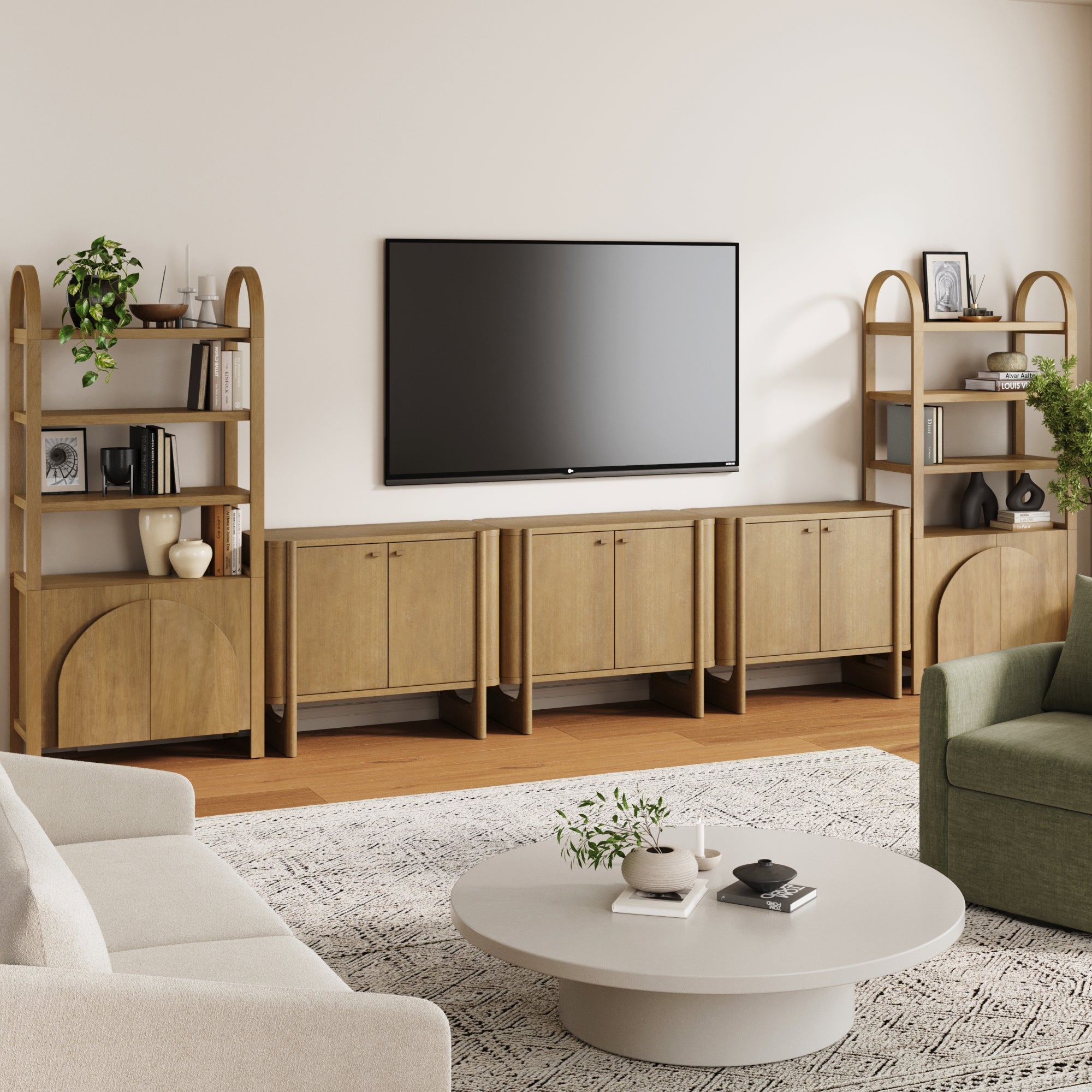 Wooden Arched Entertainment Center with Storage and Bookcase for 75" TVs