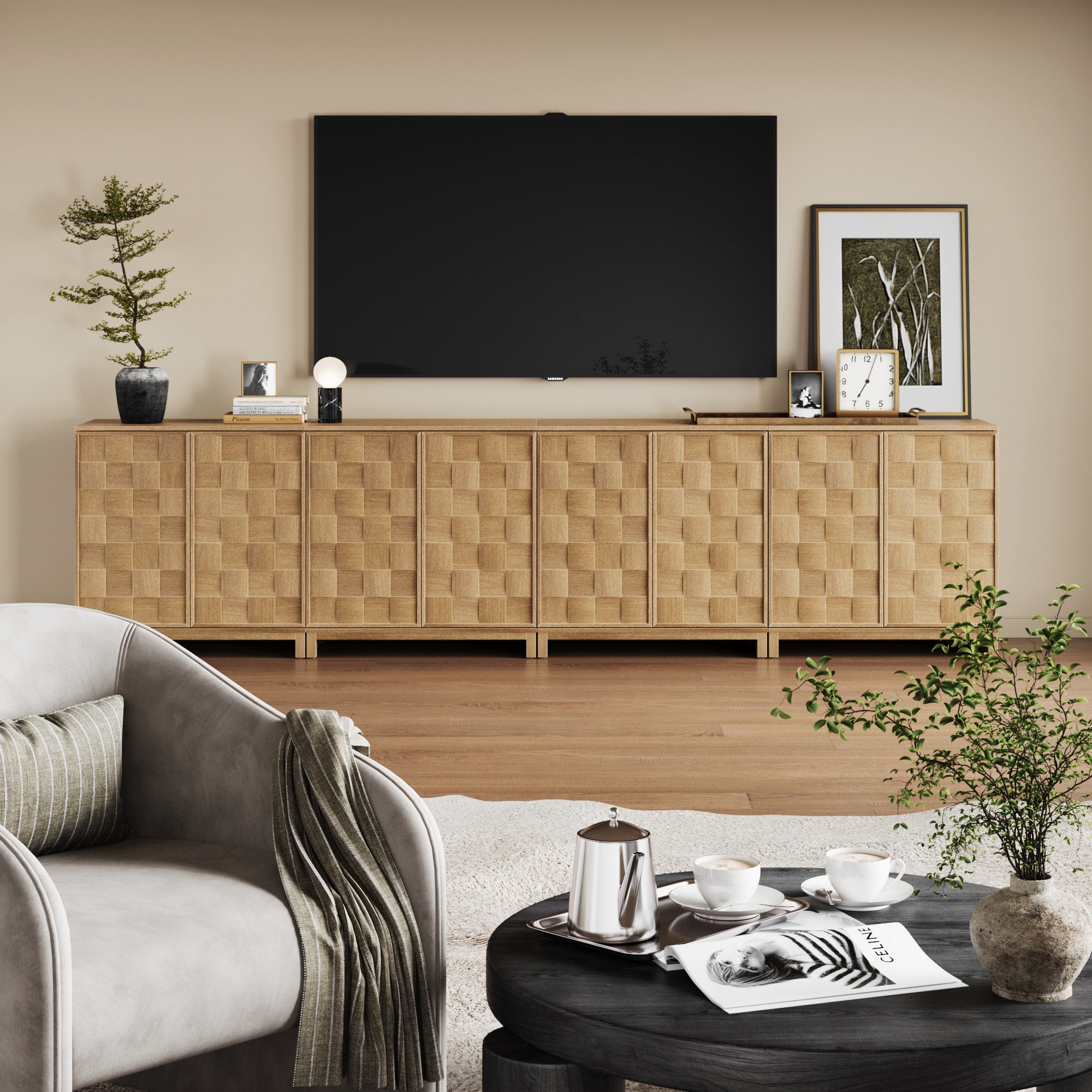 Mid Century Modern TV Stand Console with Doors for TVs up to 100"