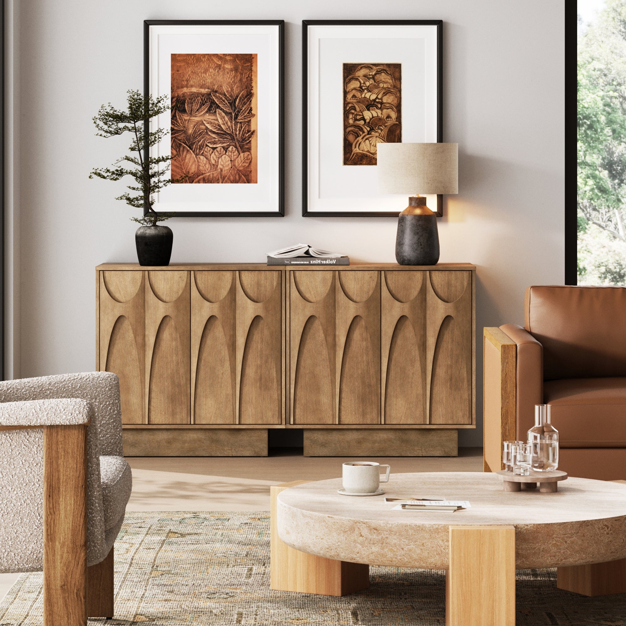 Wooden TV Console with Antique Carved Doors for TVs up to 65"
