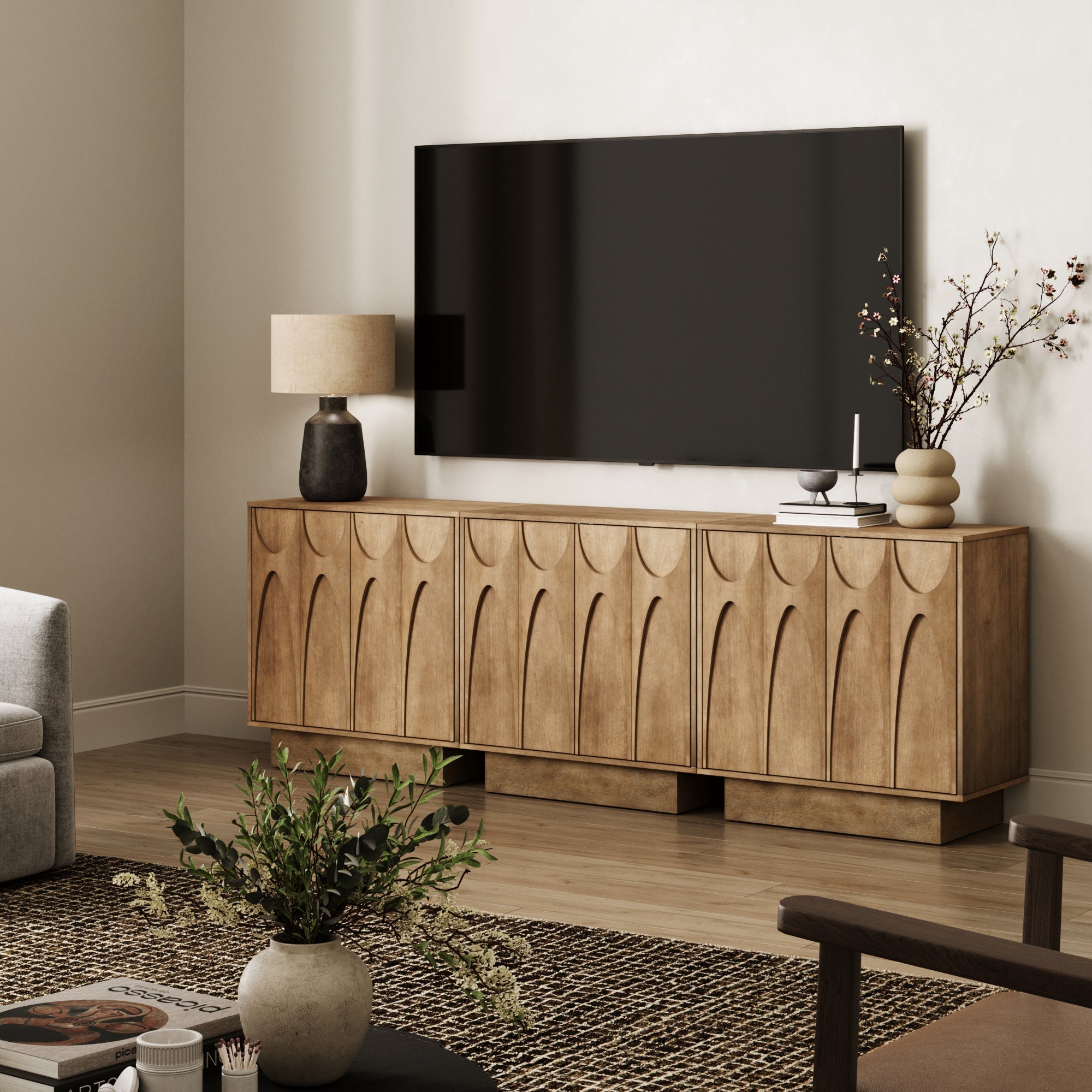 Wooden TV Console with Antique Carved Doors for TVs up to 75"