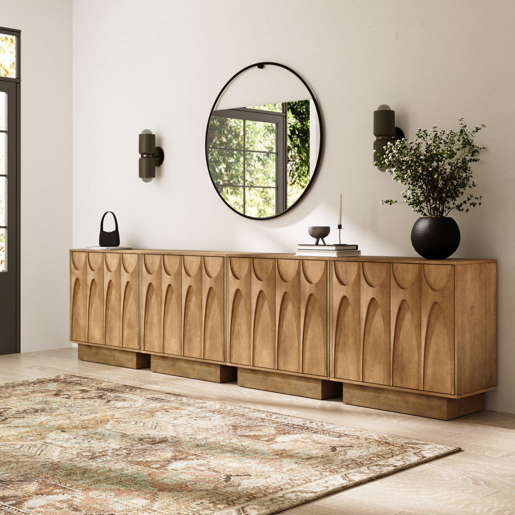 Wooden TV Console with Antique Carved Doors for TVs up to 100"