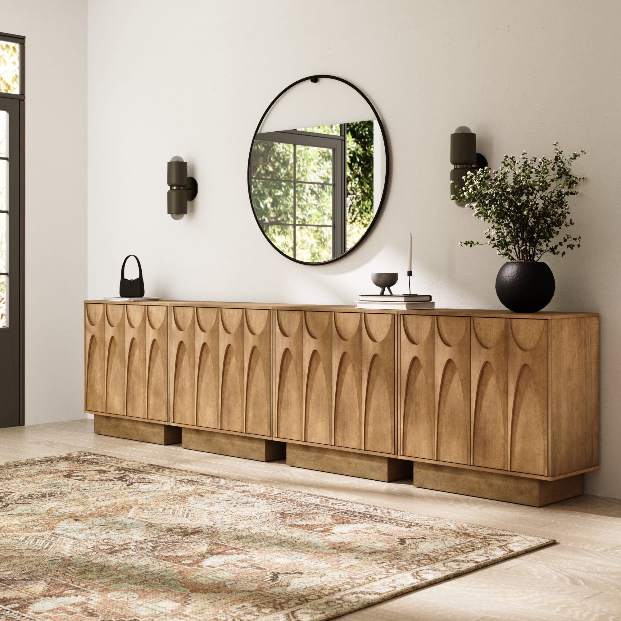Wooden TV Console with Antique Carved Doors for TVs up to 100"