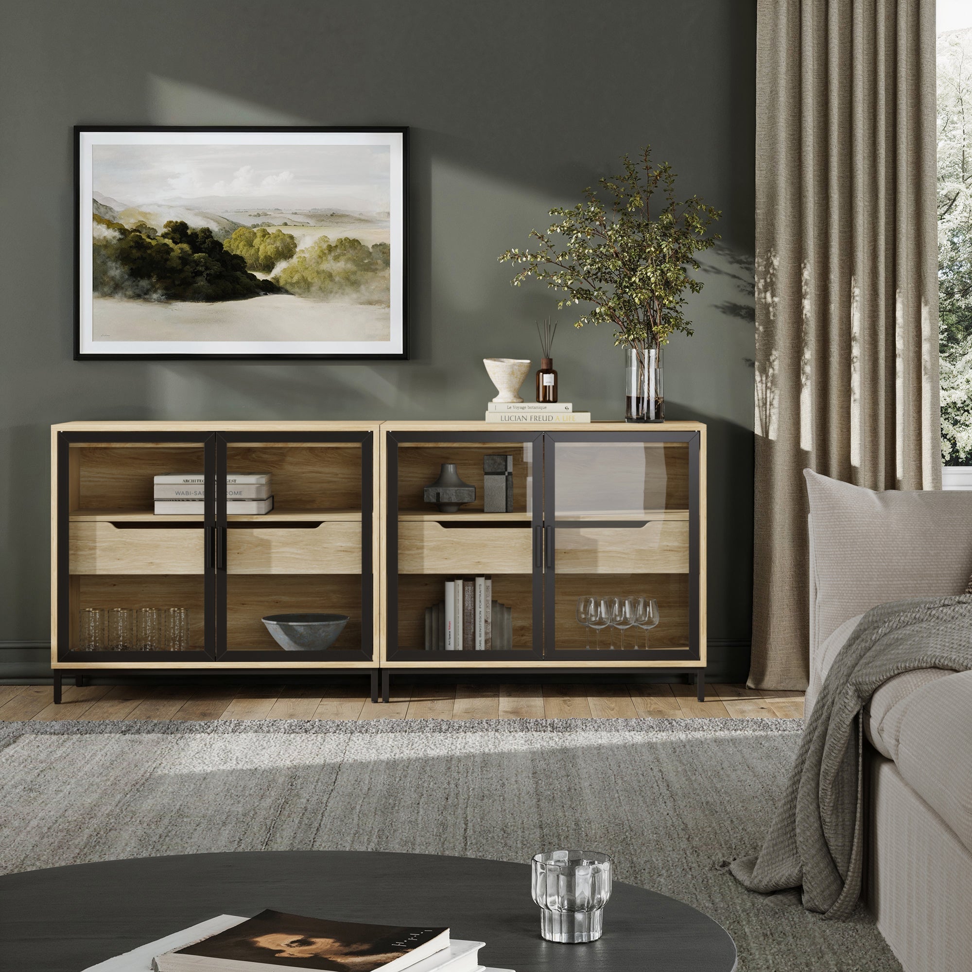 Glass TV Stand Console Cabinet with Doors for TVs up to 65"