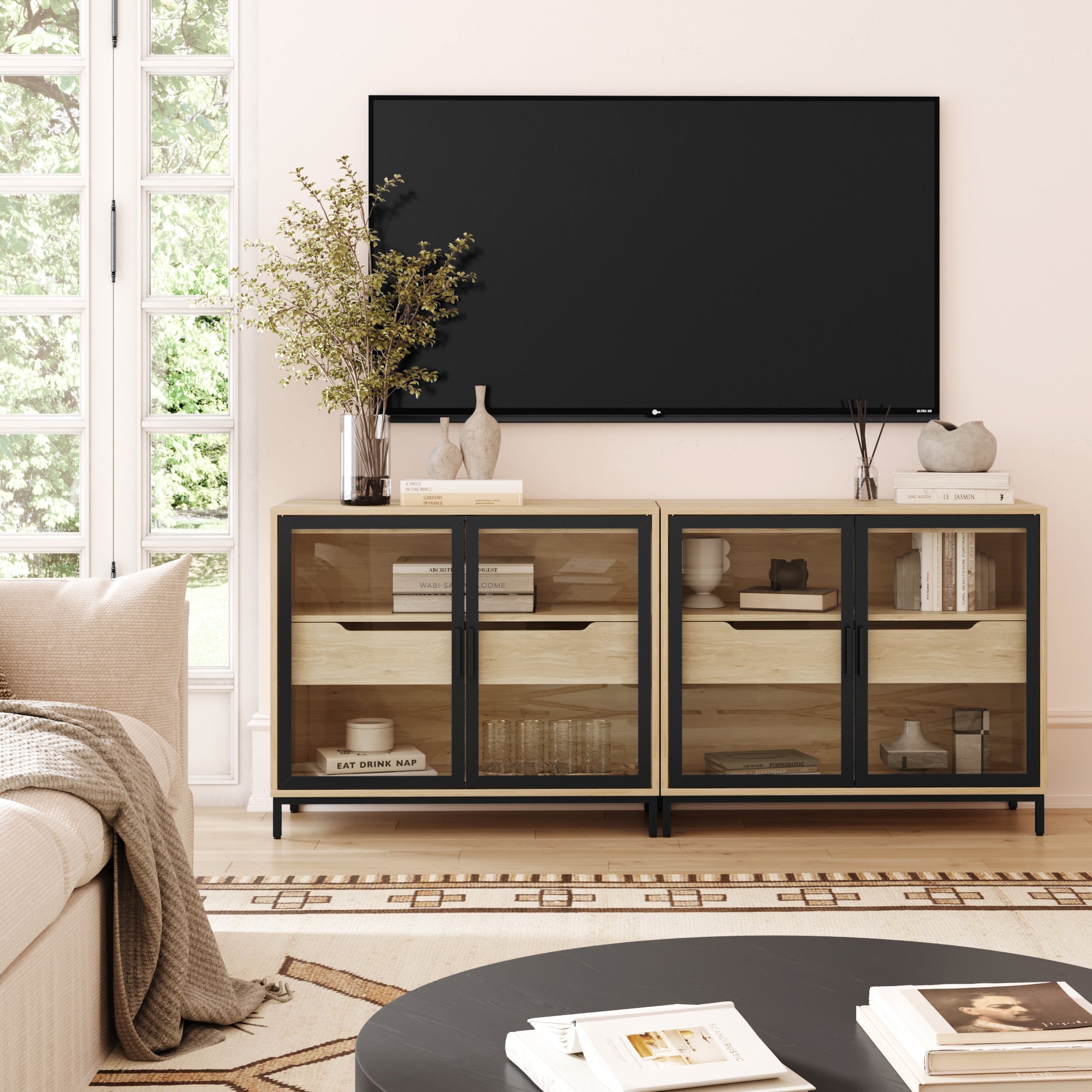 Glass TV Stand Console Cabinet with Doors for TVs up to 65"