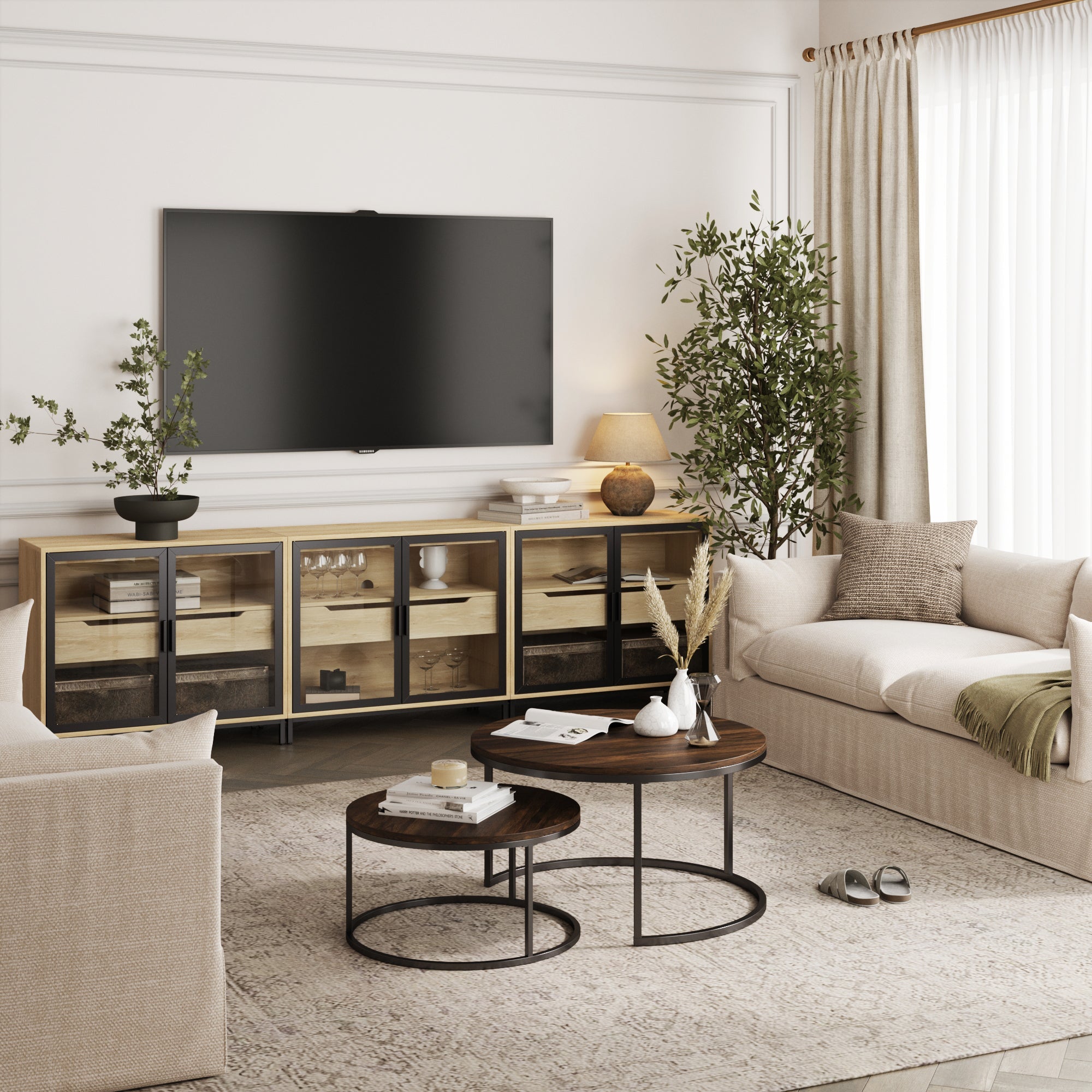Glass TV Stand Console Cabinet with Doors for TVs up to 75"