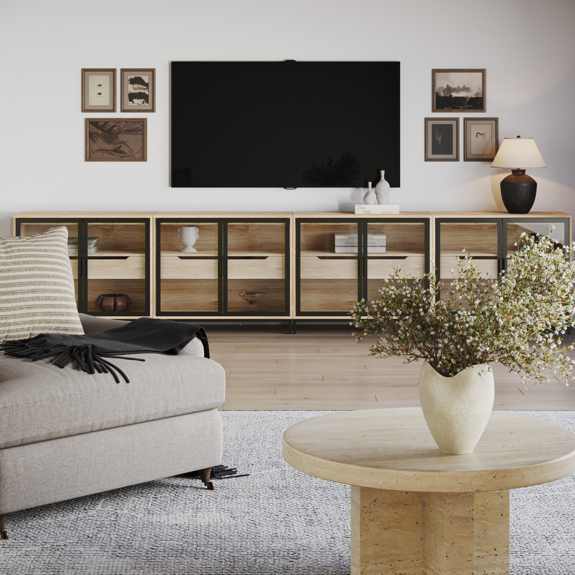 Glass TV Stand Console Cabinet with Doors for TVs up to 100"