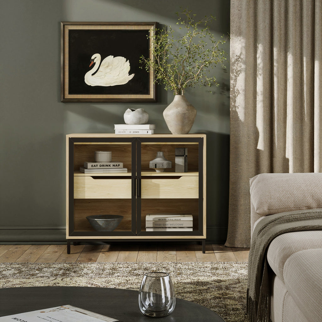Two-Door Glass Accent Cabinet with Drawer