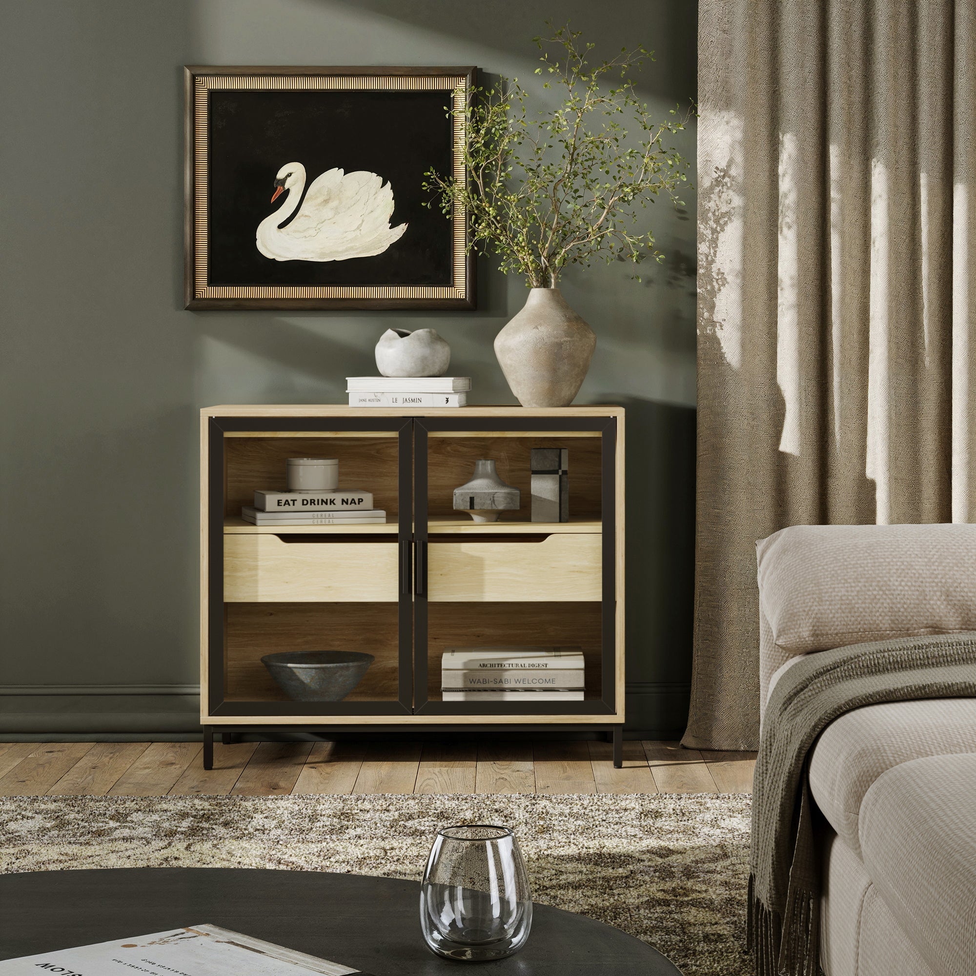 Two-Door Glass Accent Cabinet with Drawer