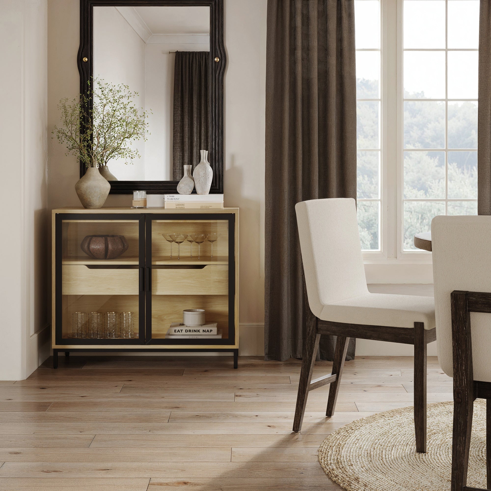 Two-Door Glass Accent Cabinet with Drawer