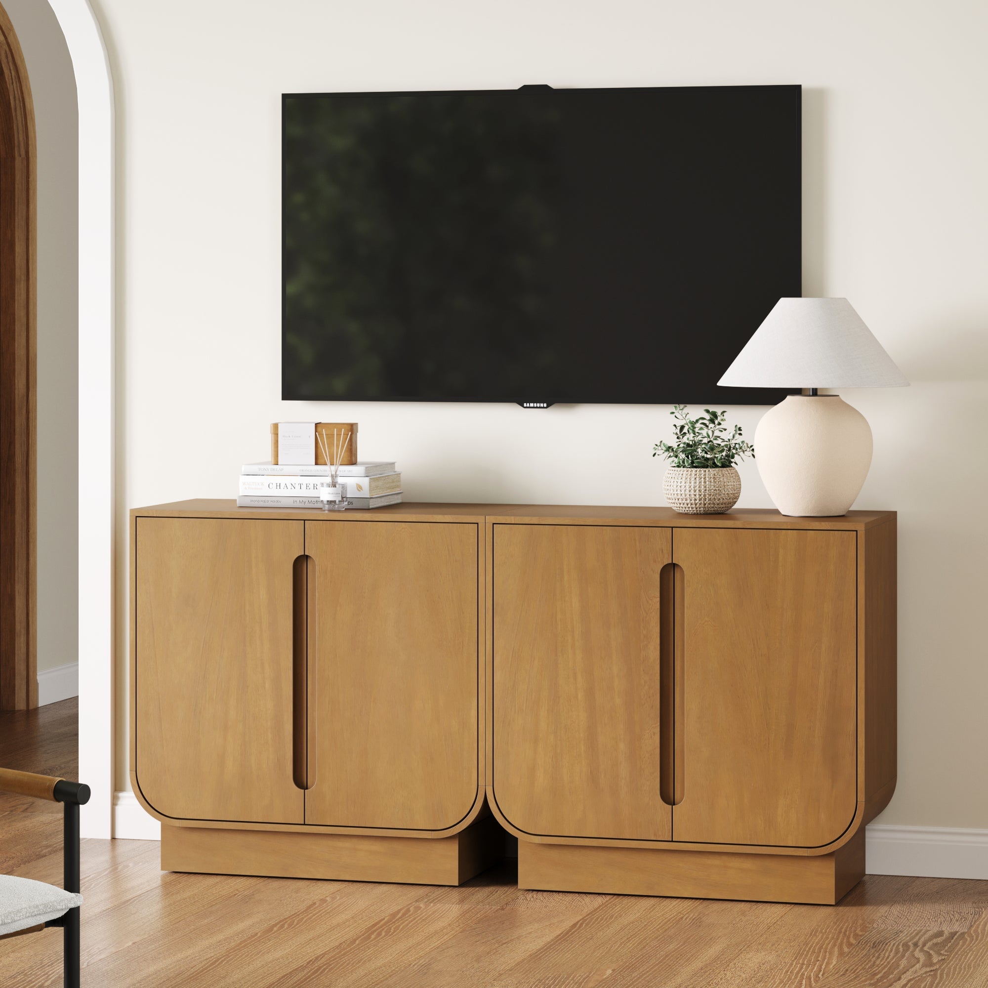 Wooden Arched TV Console Stand Light Brown for TVs up to 65"